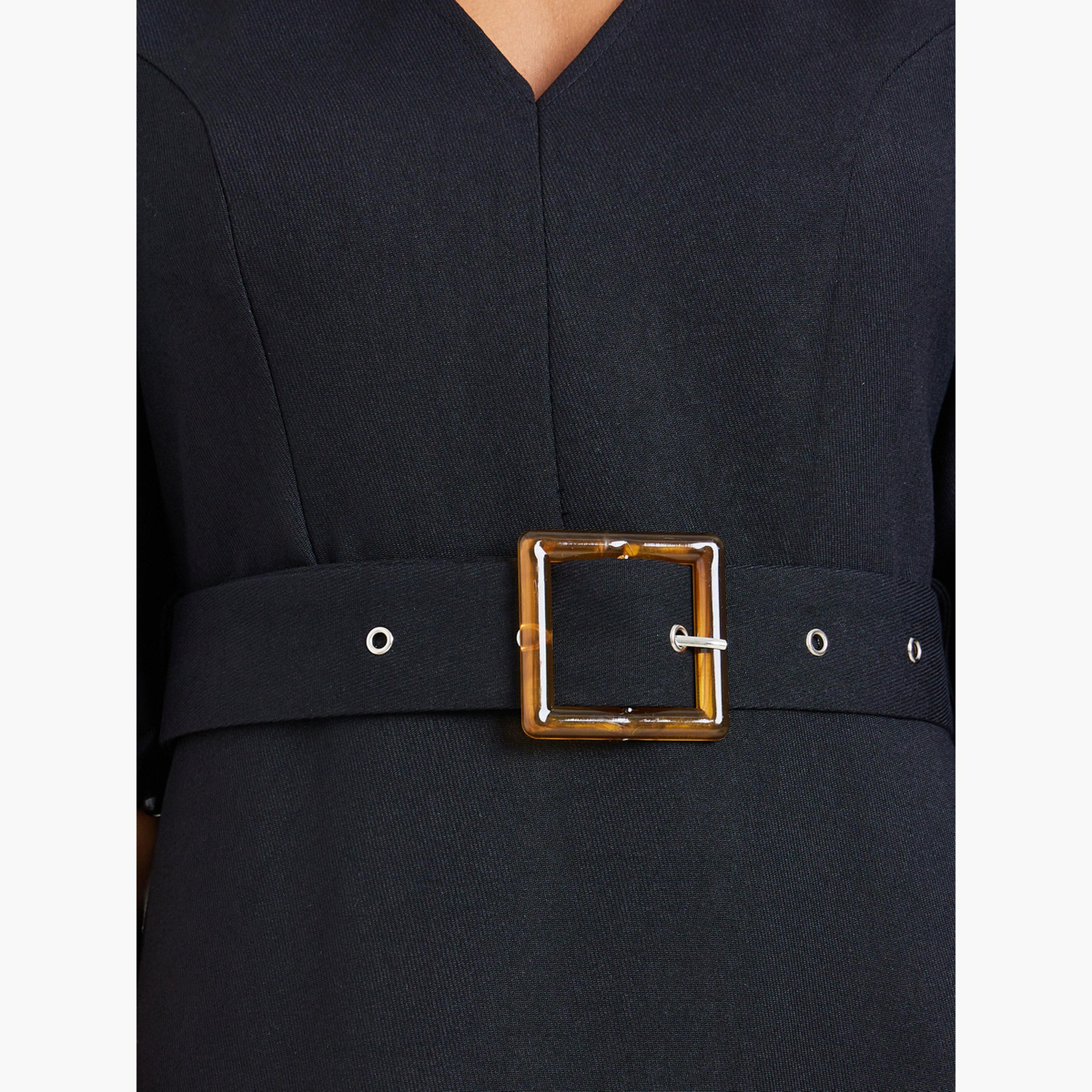 Styli Women Black Asymmetric Hem Belted Midi Dress-women-clothing-dresses-image-5