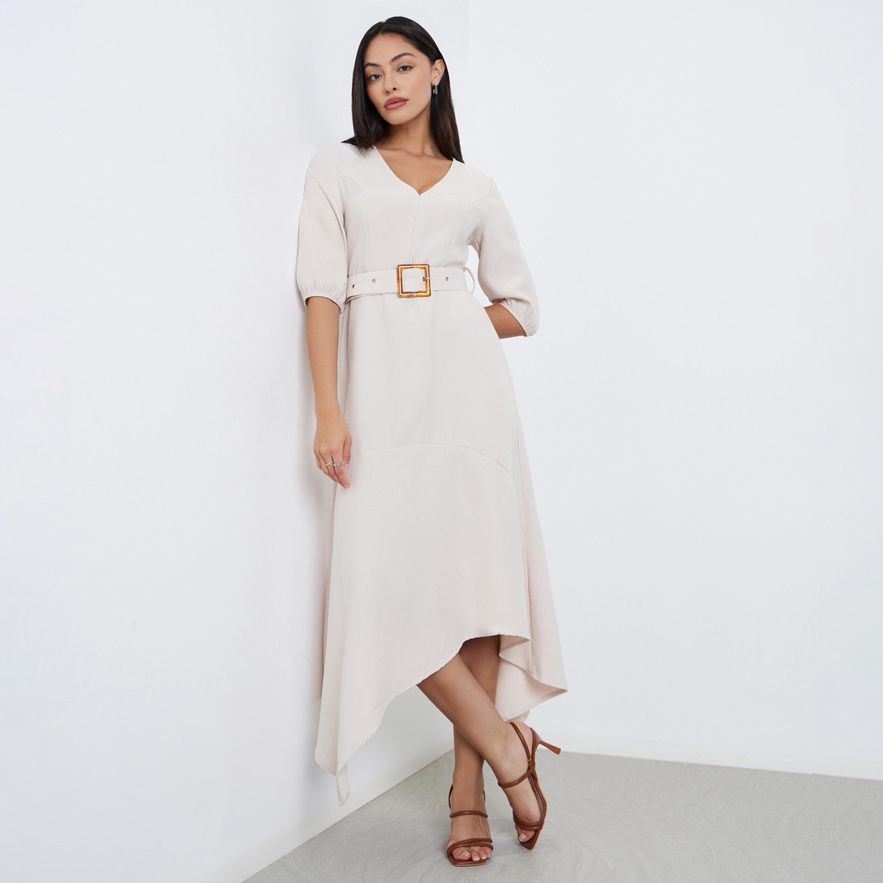 ستايلي - فستان متوسط ​​الطول بيج بحافة غير متماثلة وحزام-women-clothing-dresses-image-1