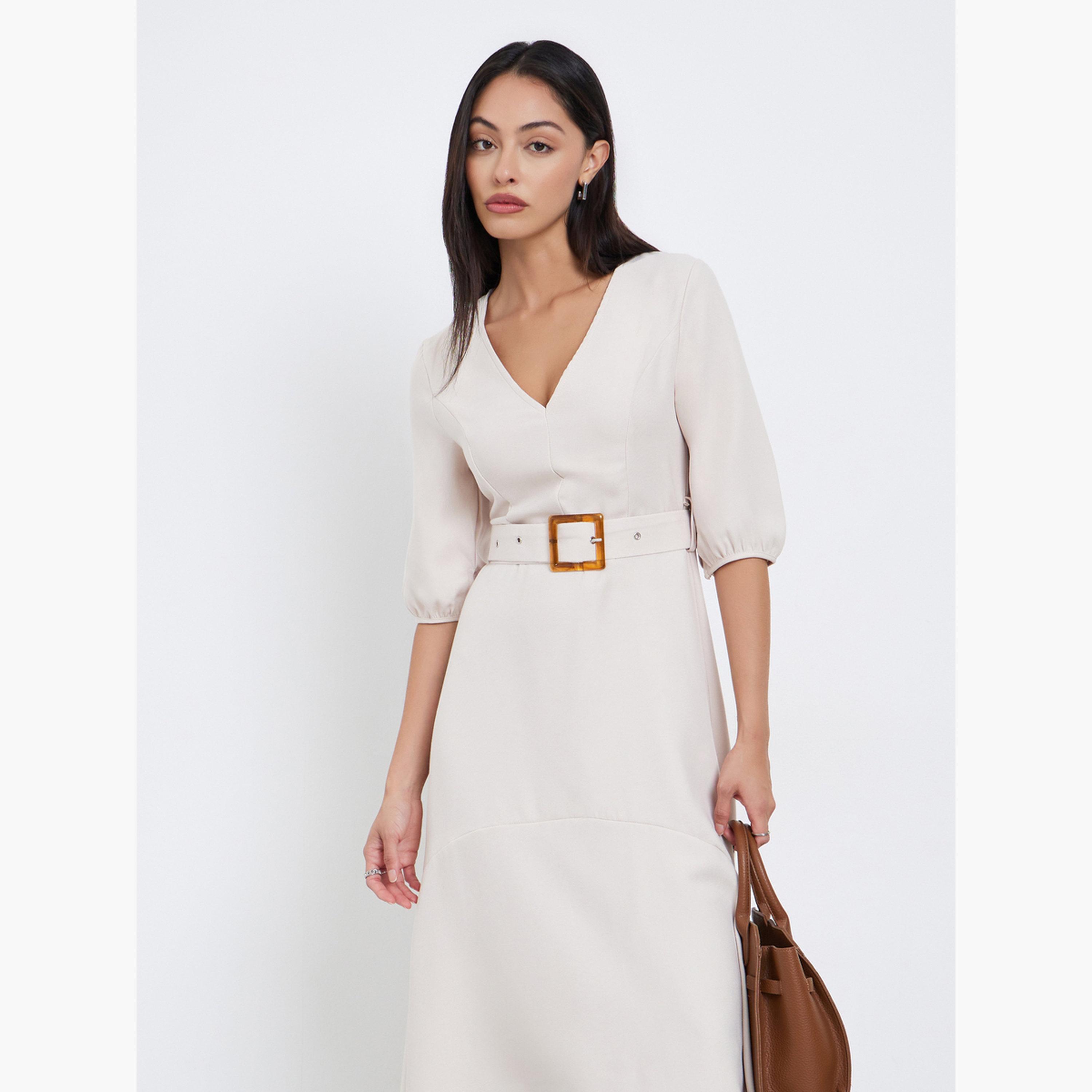 ستايلي - فستان متوسط ​​الطول بيج بحافة غير متماثلة وحزام-women-clothing-dresses-image-2