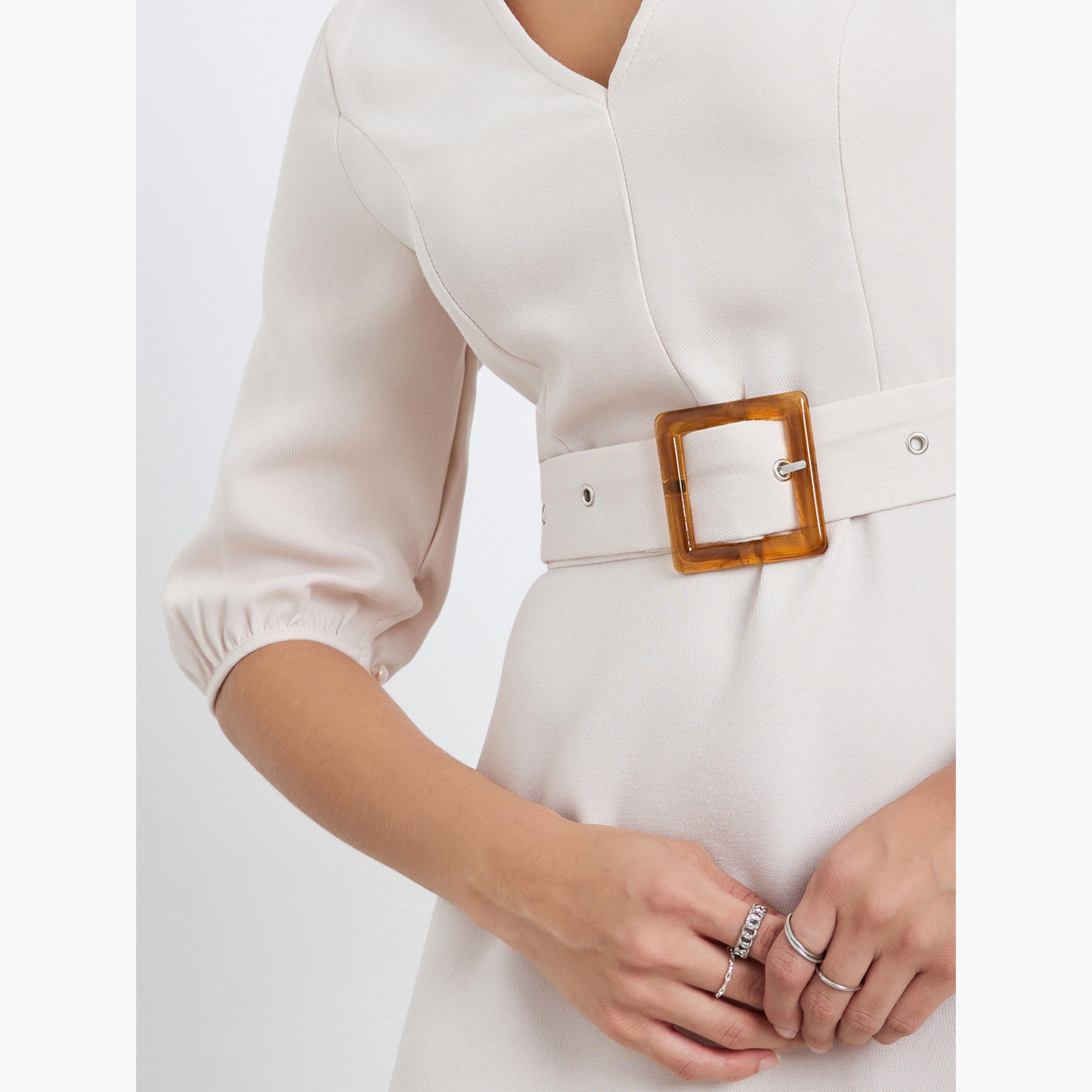Styli Beige Asymmetric Hem Midi Dress with Belt-women-clothing-dresses-image-3