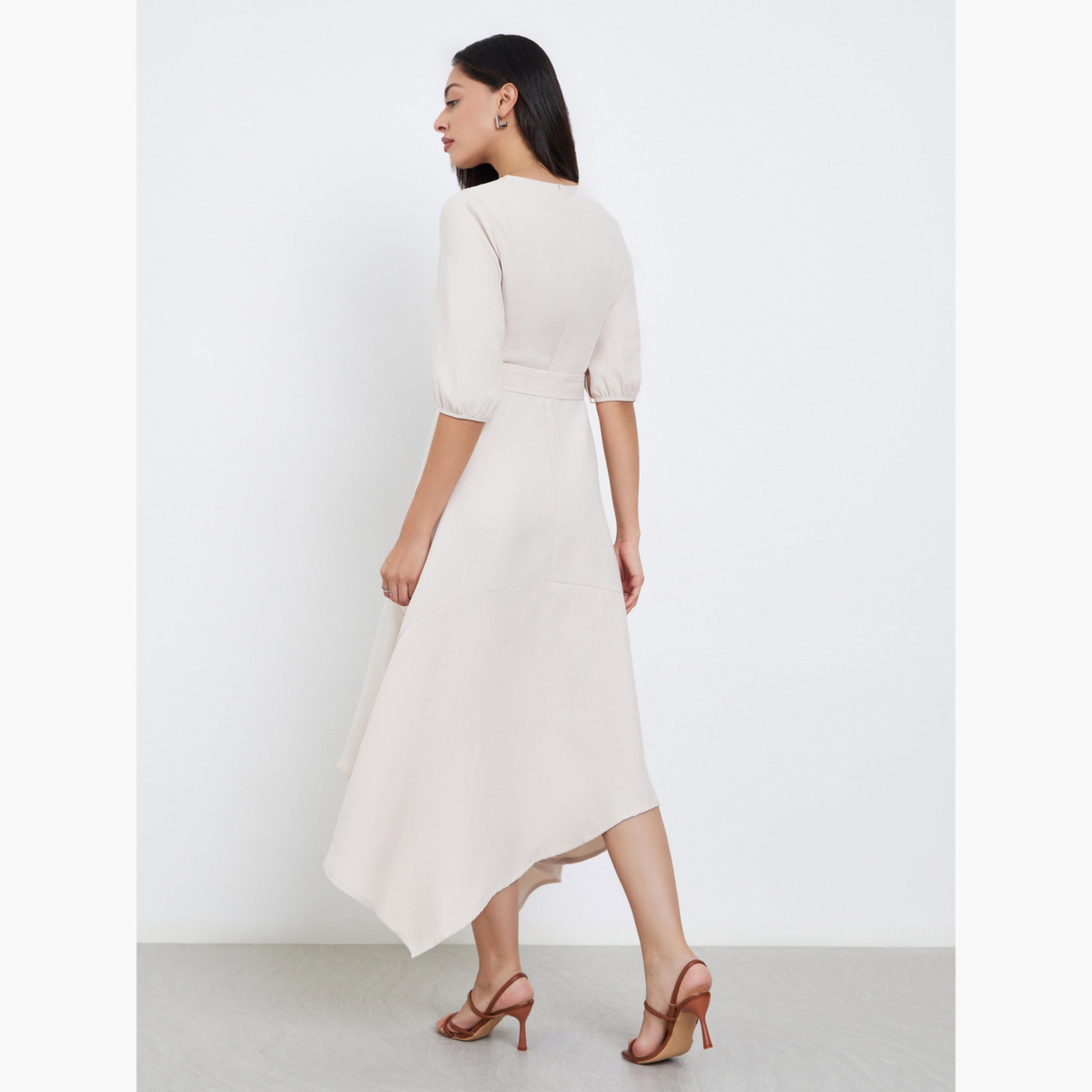 Styli Beige Asymmetric Hem Midi Dress with Belt-women-clothing-dresses-image-4