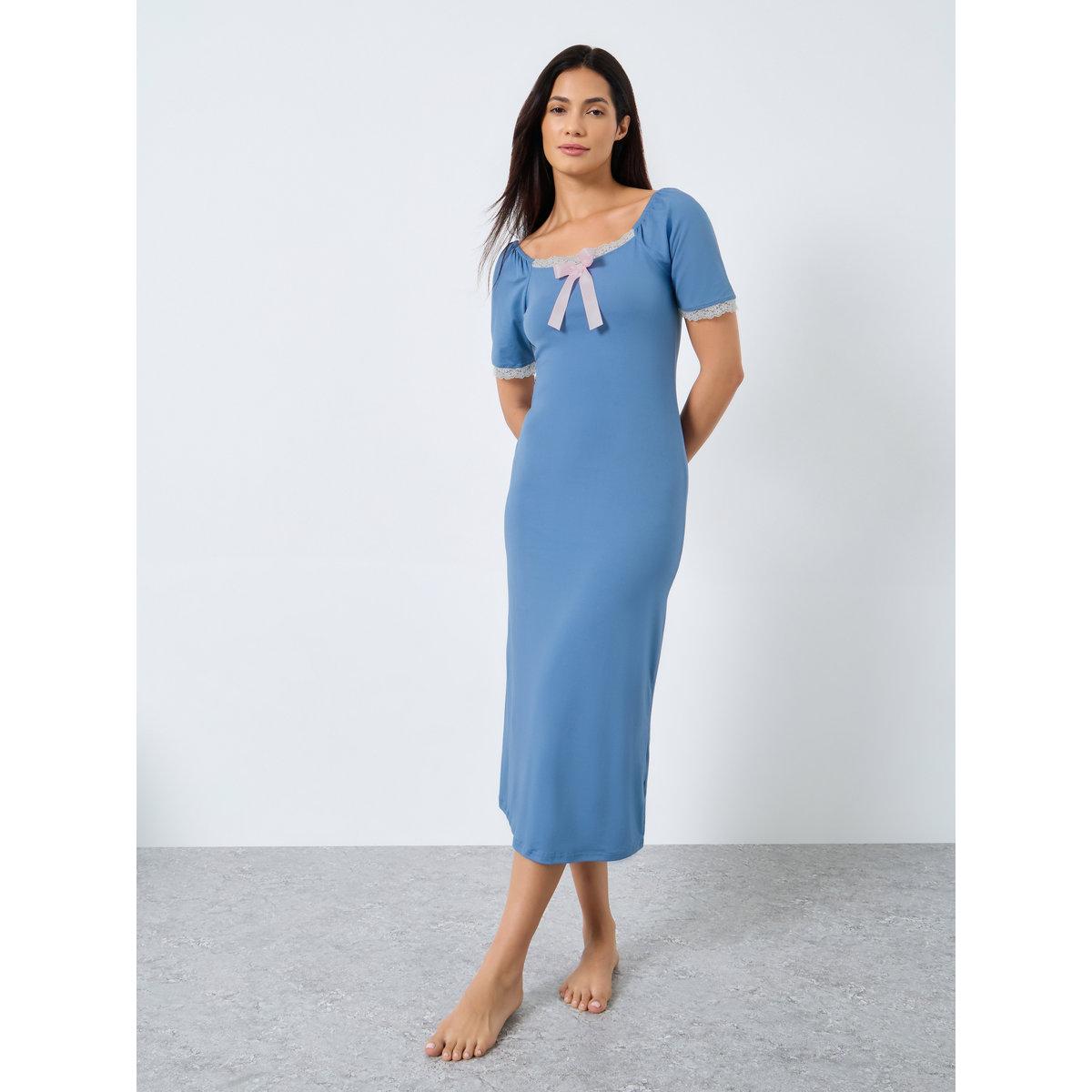 Styli Lace and Bow Contrast Lace Nightdress-women-clothing-nightwear-nighties-image-2