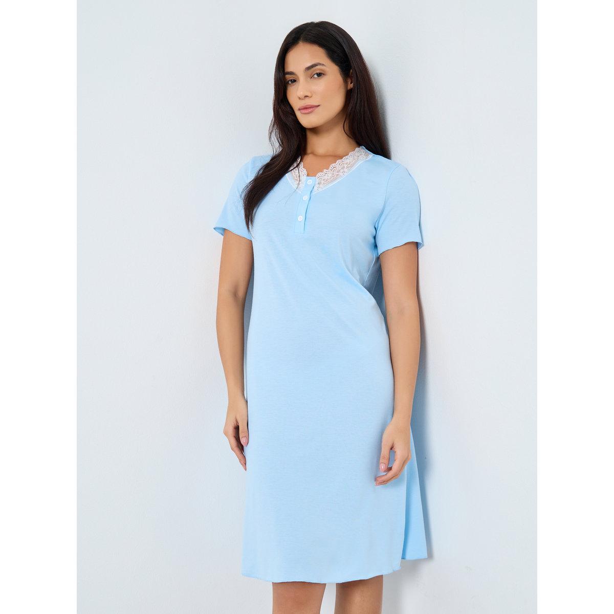 Styli Light Blue Cotton Nightdress with Lace Trim-women-clothing-nightwear-nighties-image-1