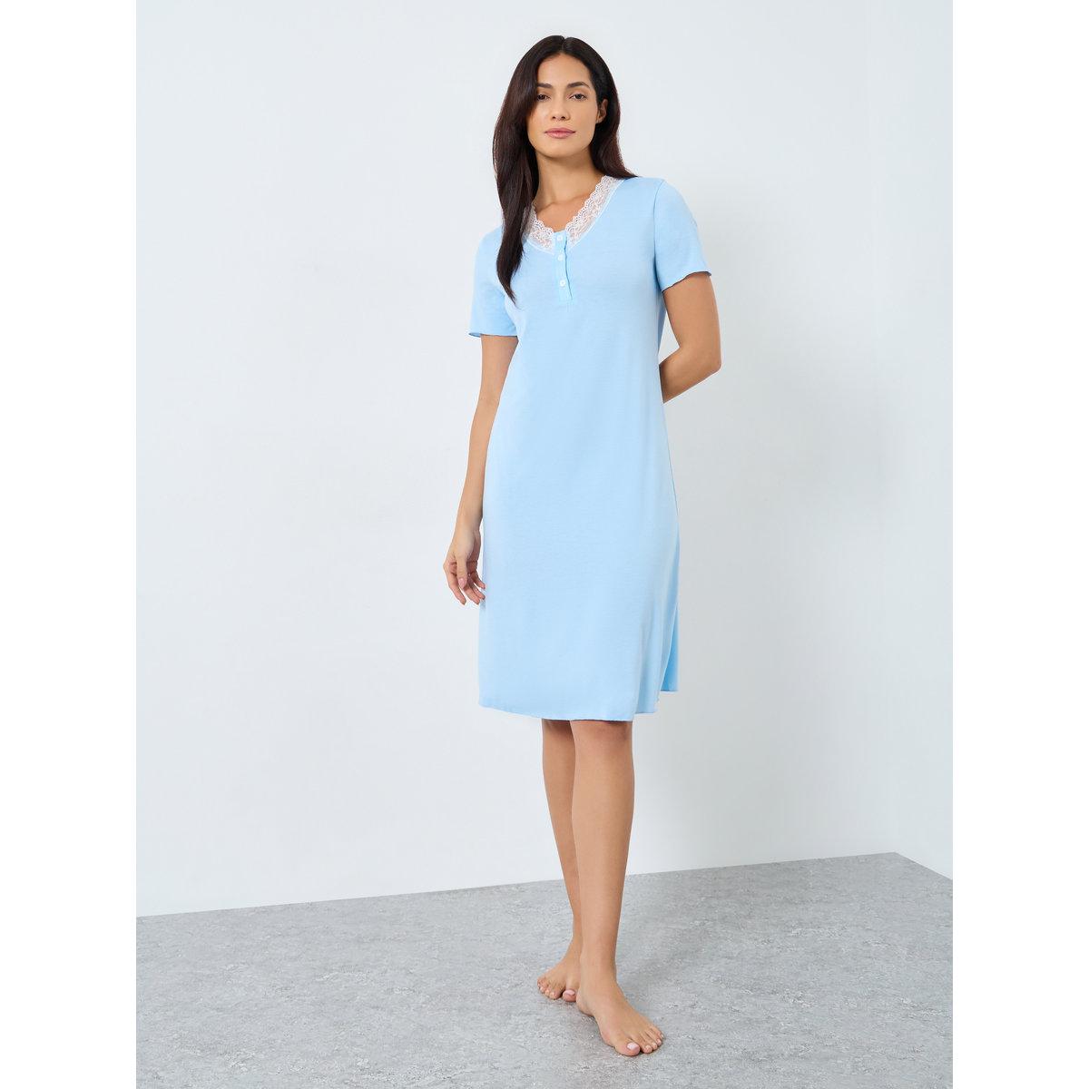 Styli Light Blue Cotton Nightdress with Lace Trim-women-clothing-nightwear-nighties-image-2