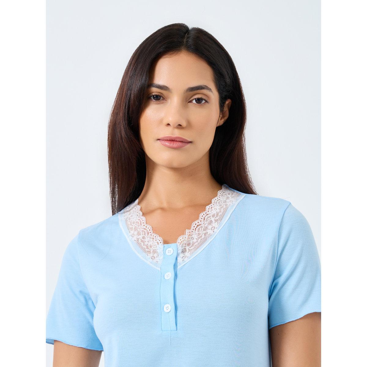 Styli Light Blue Cotton Nightdress with Lace Trim-women-clothing-nightwear-nighties-image-3