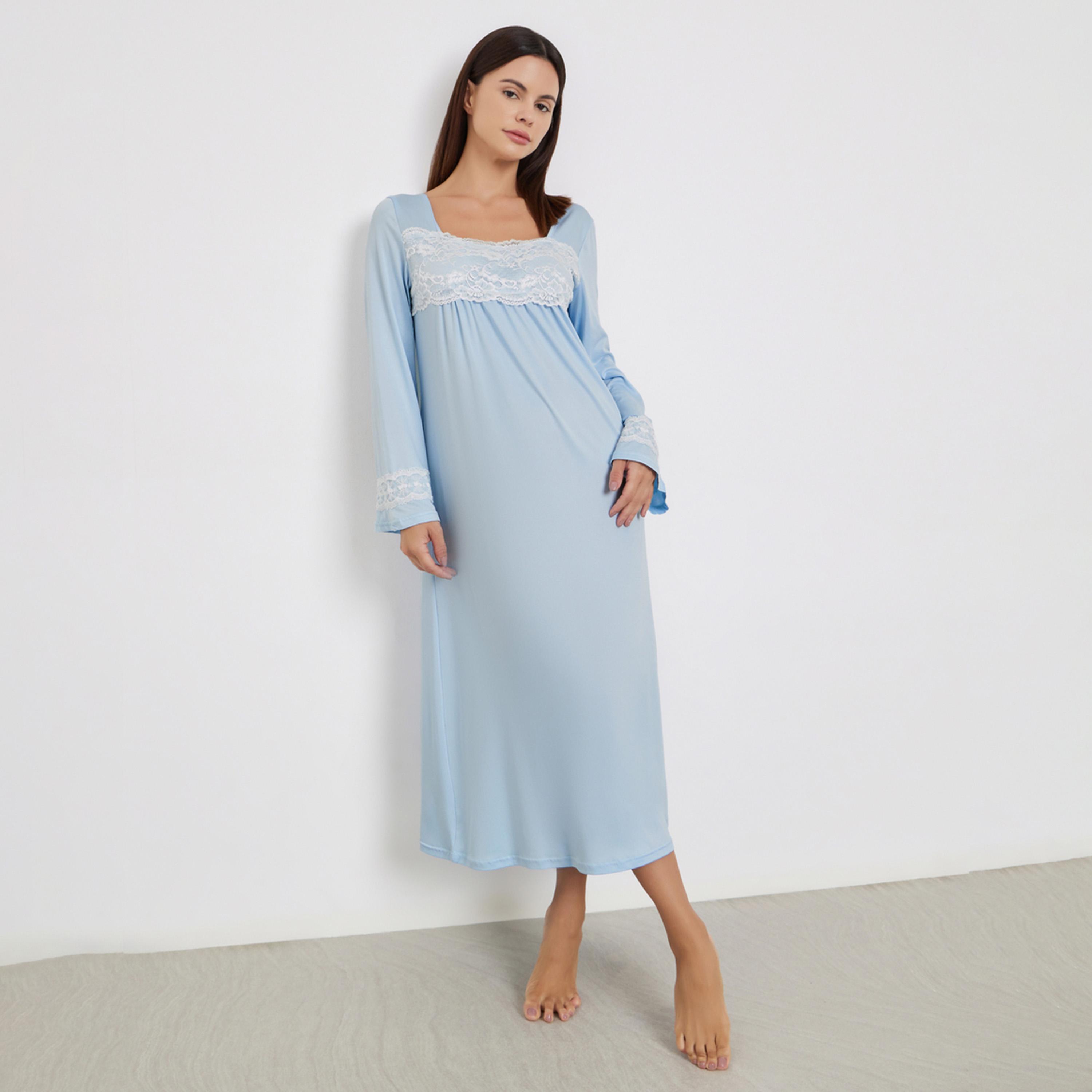 Take Two Blue Lace Insert Long Sleeve Nightdress-women-clothing-nightwear-nighties-image-1