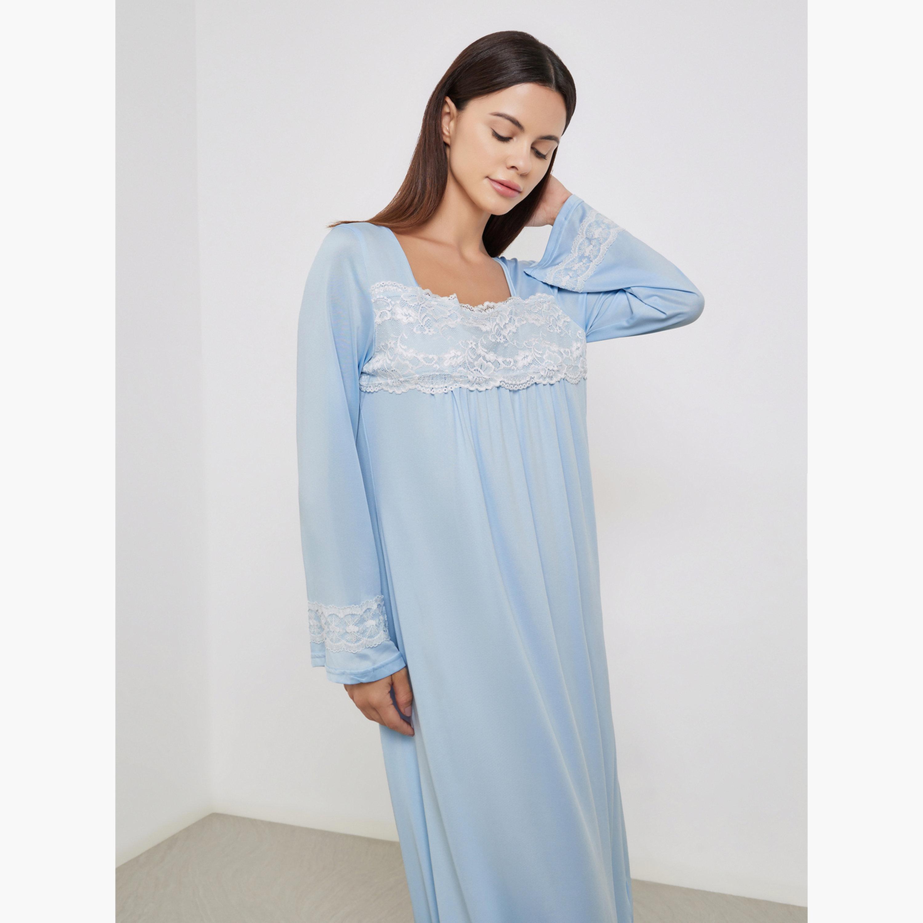 Take Two Blue Lace Insert Long Sleeve Nightdress-women-clothing-nightwear-nighties-image-2