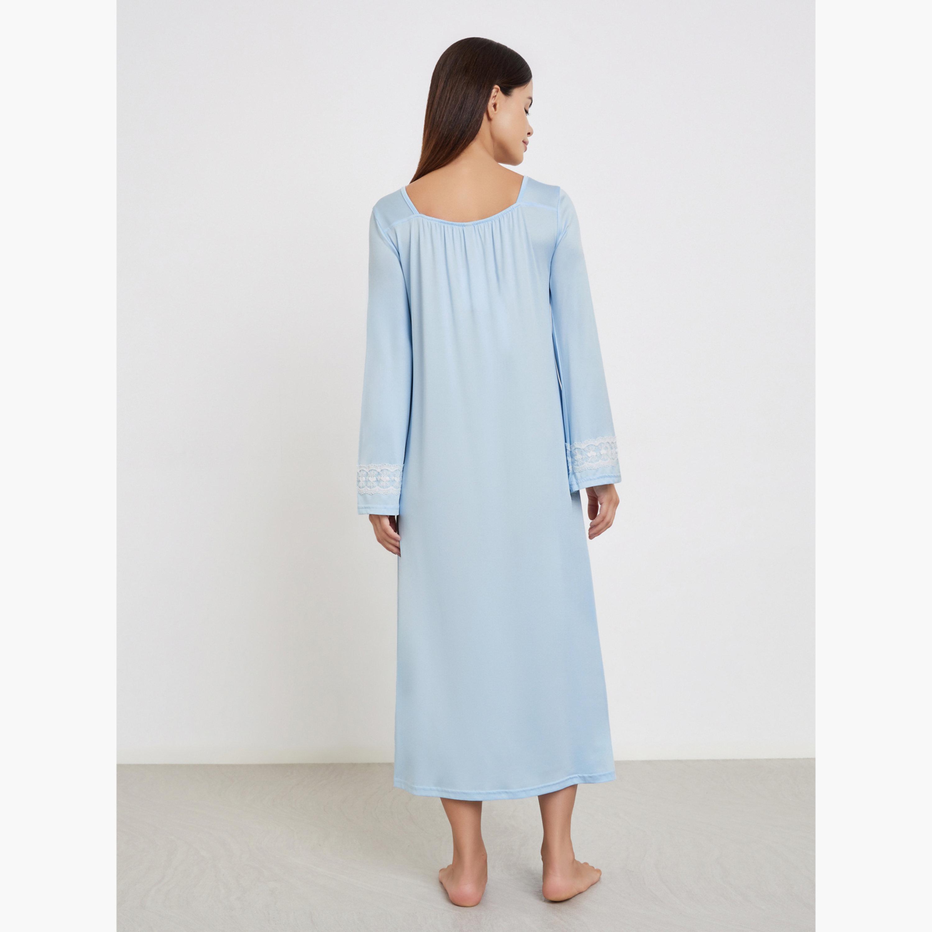 Take Two Blue Lace Insert Long Sleeve Nightdress-women-clothing-nightwear-nighties-image-3