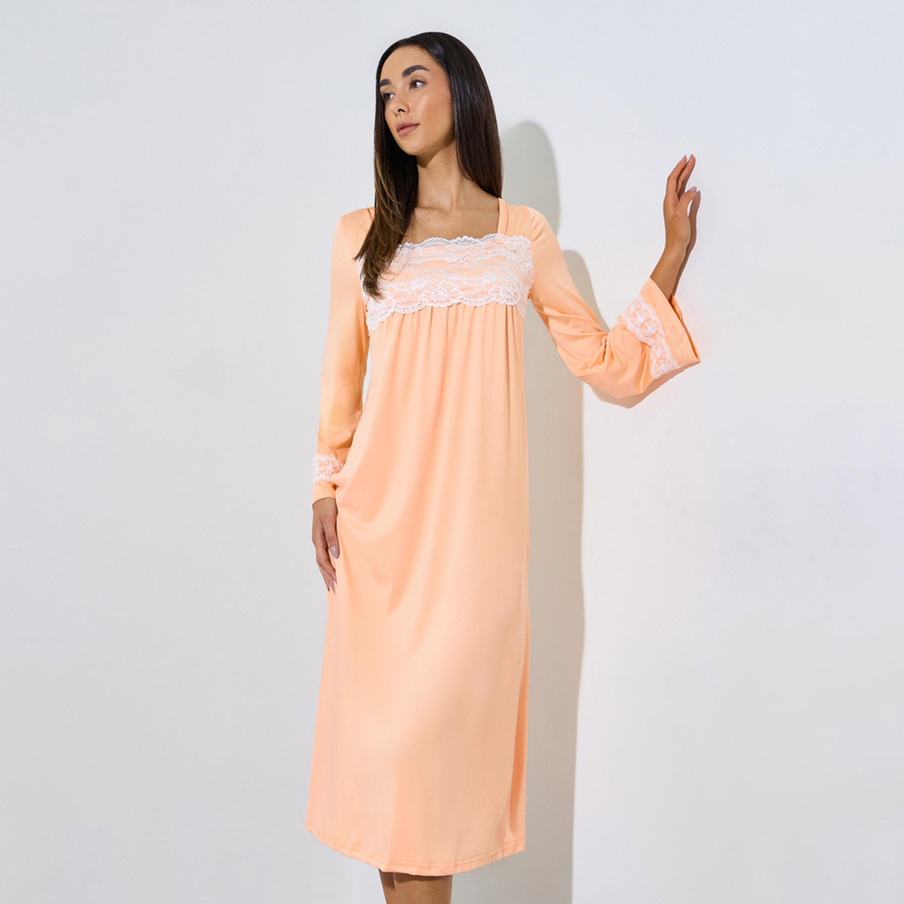 ستايلي - فستان نوم بأكمام طويلة مزين بالدانتيل البرتقالي-women-clothing-nightwear-nighties-image-1
