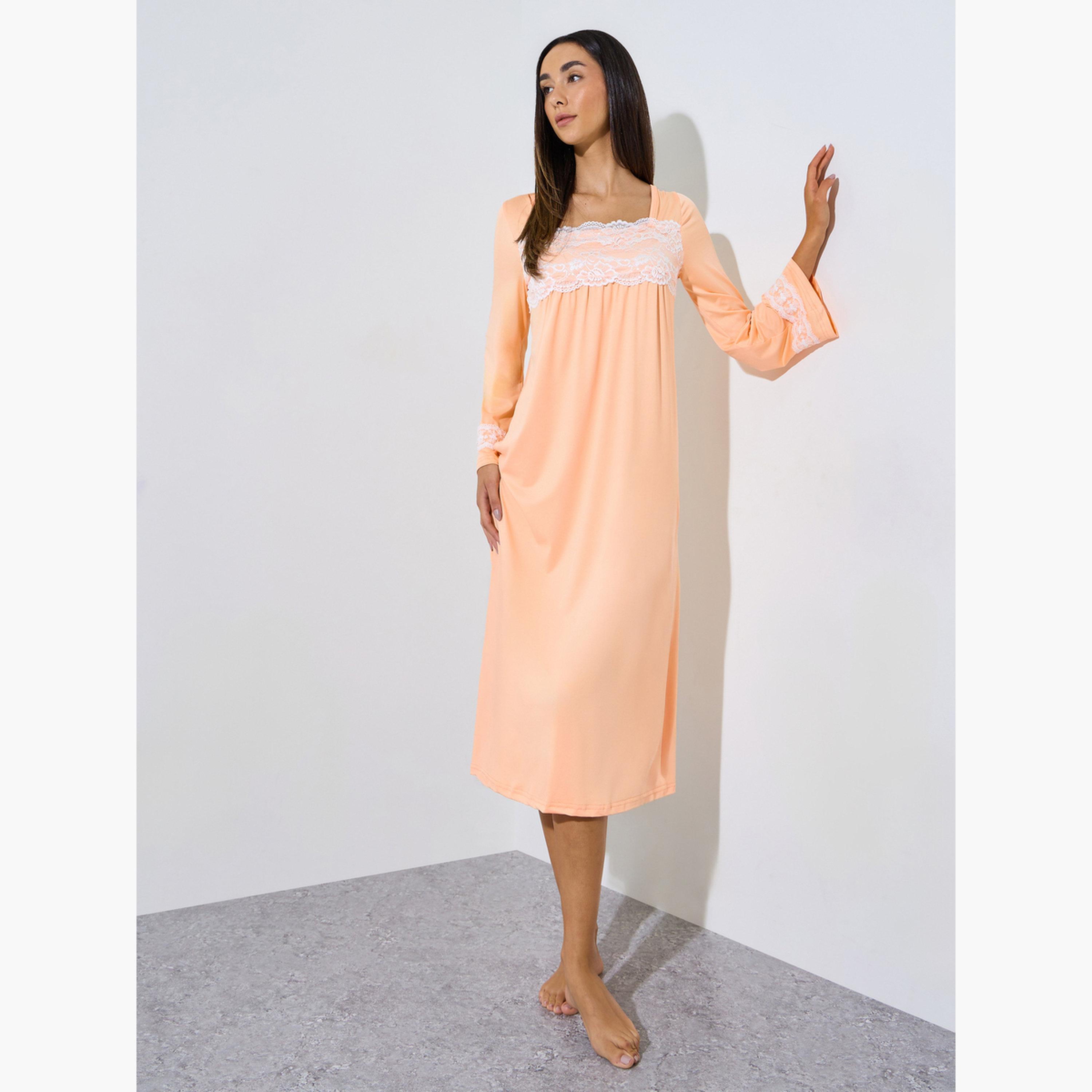ستايلي - فستان نوم بأكمام طويلة مزين بالدانتيل البرتقالي-women-clothing-nightwear-nighties-image-2