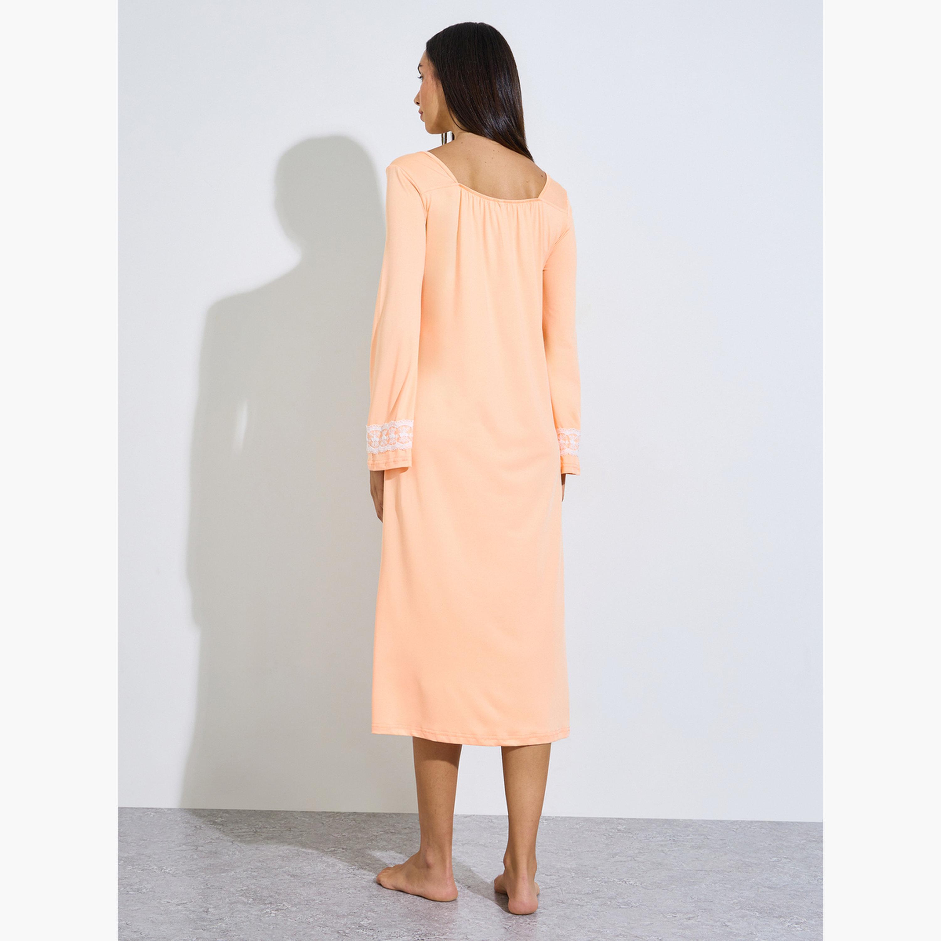 ستايلي - فستان نوم بأكمام طويلة مزين بالدانتيل البرتقالي-women-clothing-nightwear-nighties-image-3