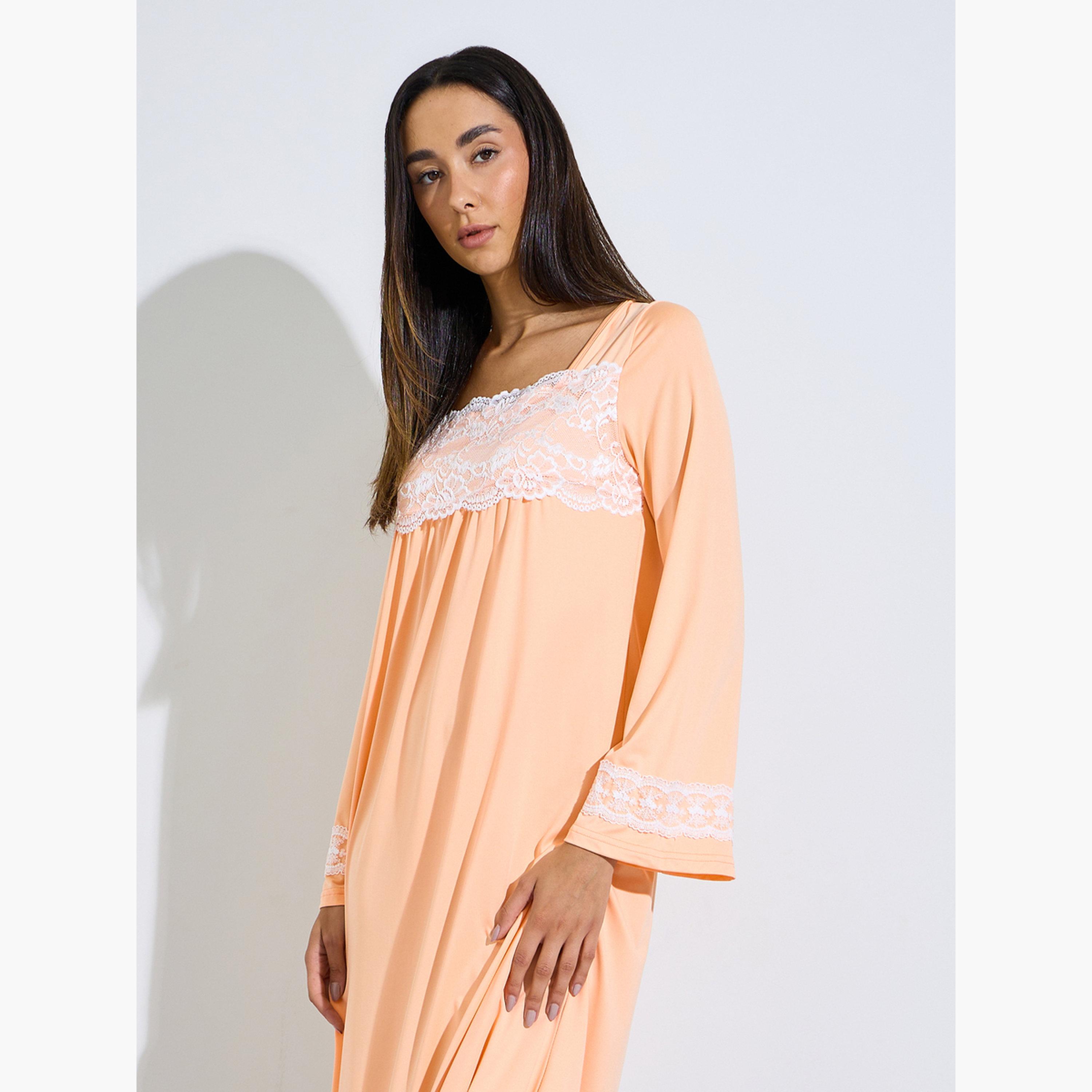 ستايلي - فستان نوم بأكمام طويلة مزين بالدانتيل البرتقالي-women-clothing-nightwear-nighties-image-4