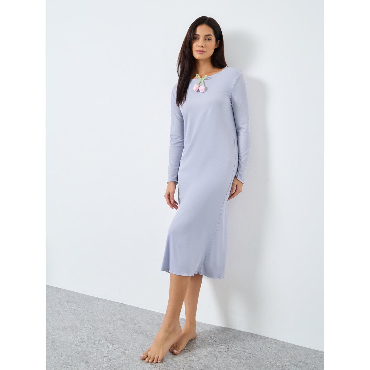 Styli Long Sleeve Ribbed Nightdress with Floral Detail-women-clothing-nightwear-nighties-image-2