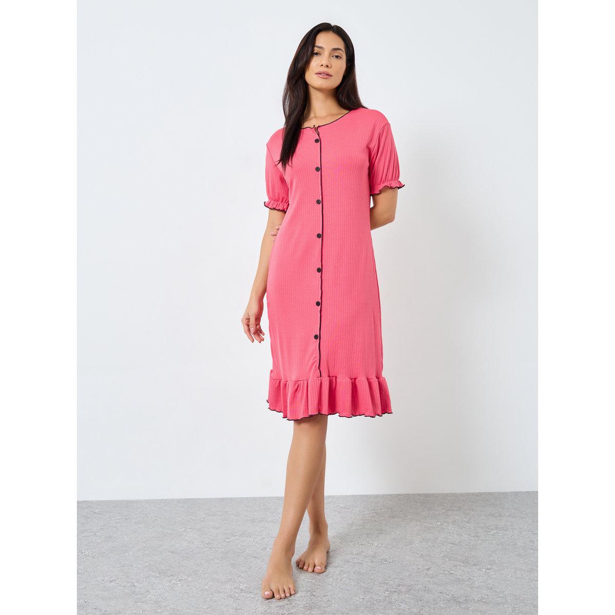 Styli Dark Pink Ruffled Short Sleeve Nightdress-women-clothing-nightwear-nighties-image-1