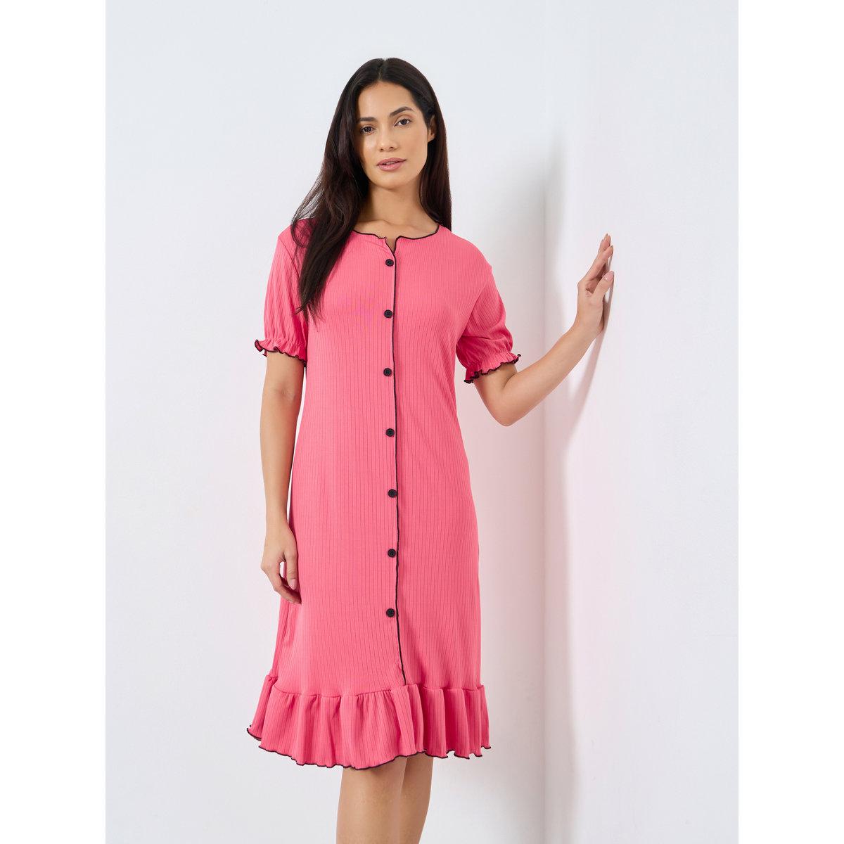 Styli Dark Pink Ruffled Short Sleeve Nightdress-women-clothing-nightwear-nighties-image-2