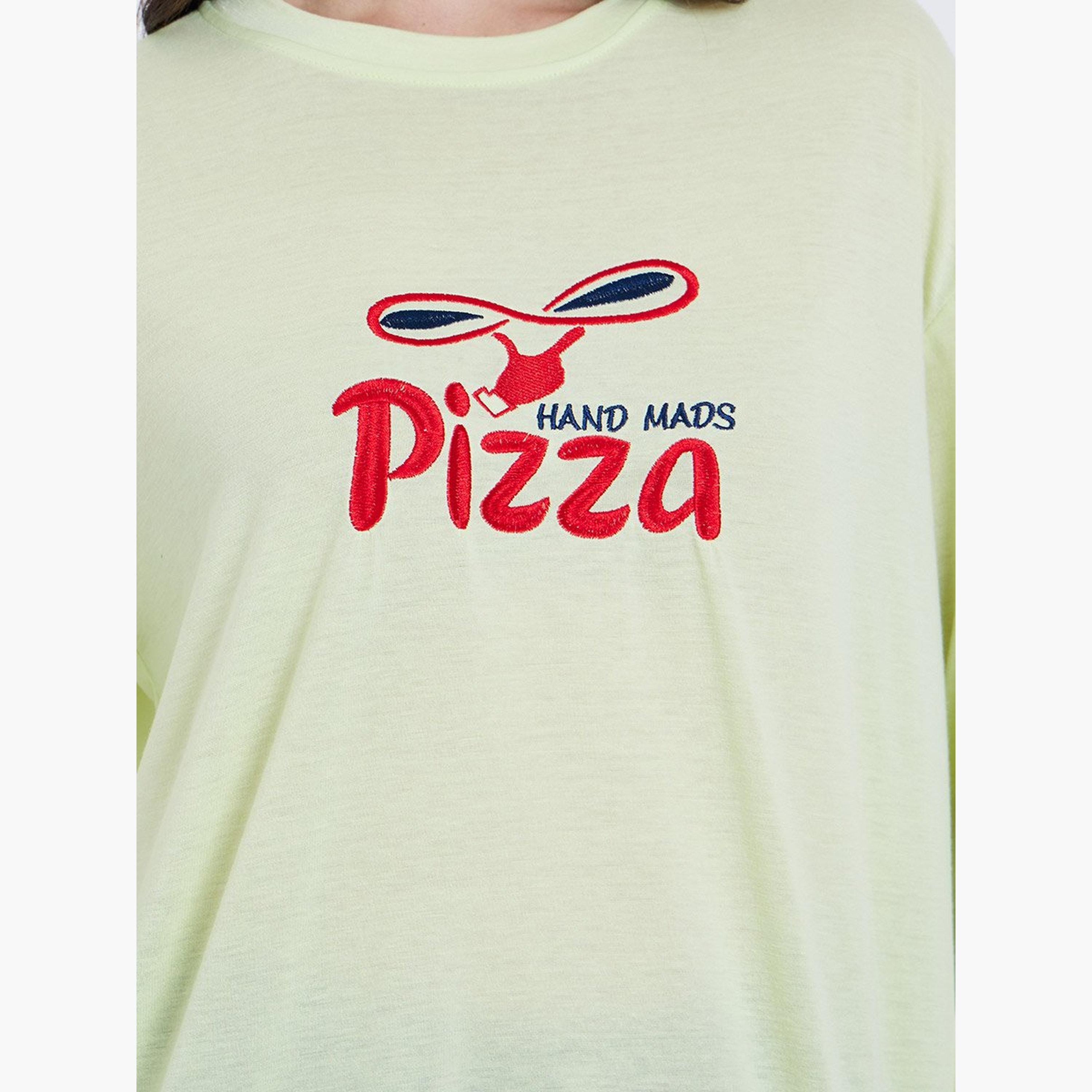 Take Two Green Embroidered Pizza Slogan T-Shirt-women-clothing-tshirts-image-3
