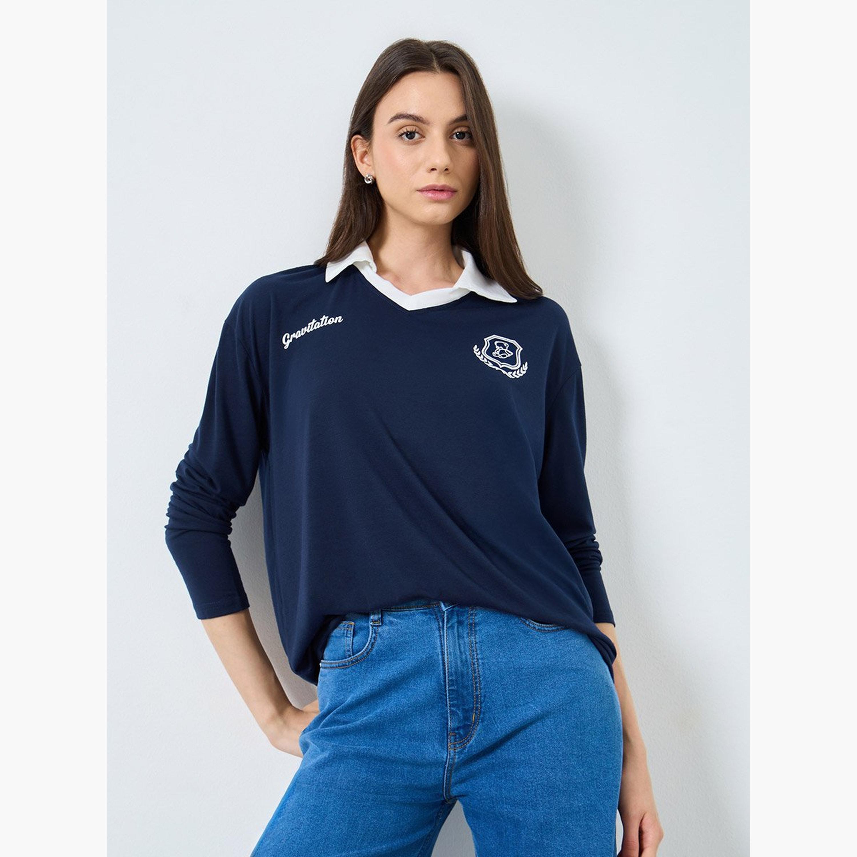 تيك تو - تي شيرت بولو للنساء مطبوع باللون الأزرق البحري-women-clothing-tshirts-image-1