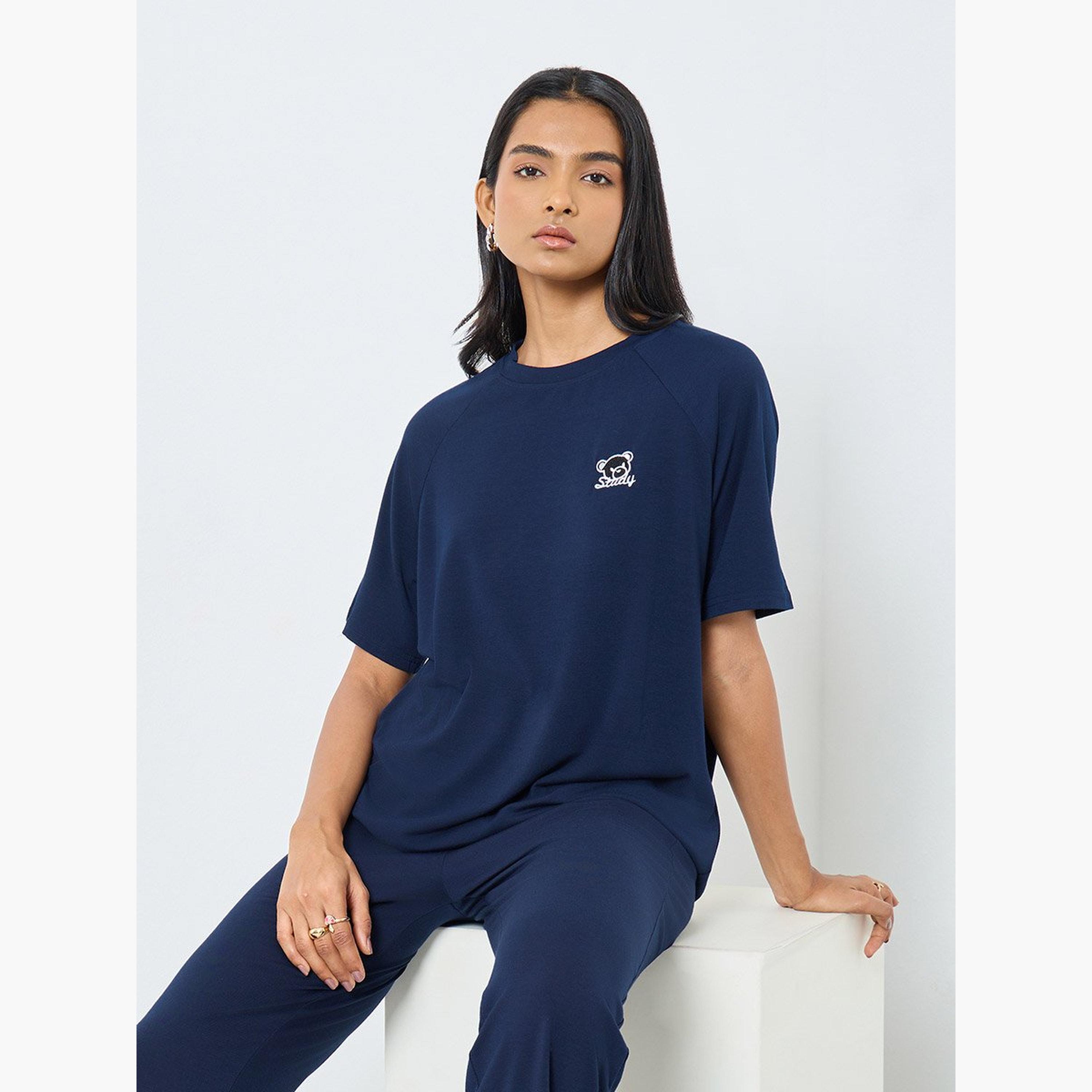 تيك تو - تي شيرت مطرز باللون الأزرق الداكن-women-clothing-tshirts-image-1