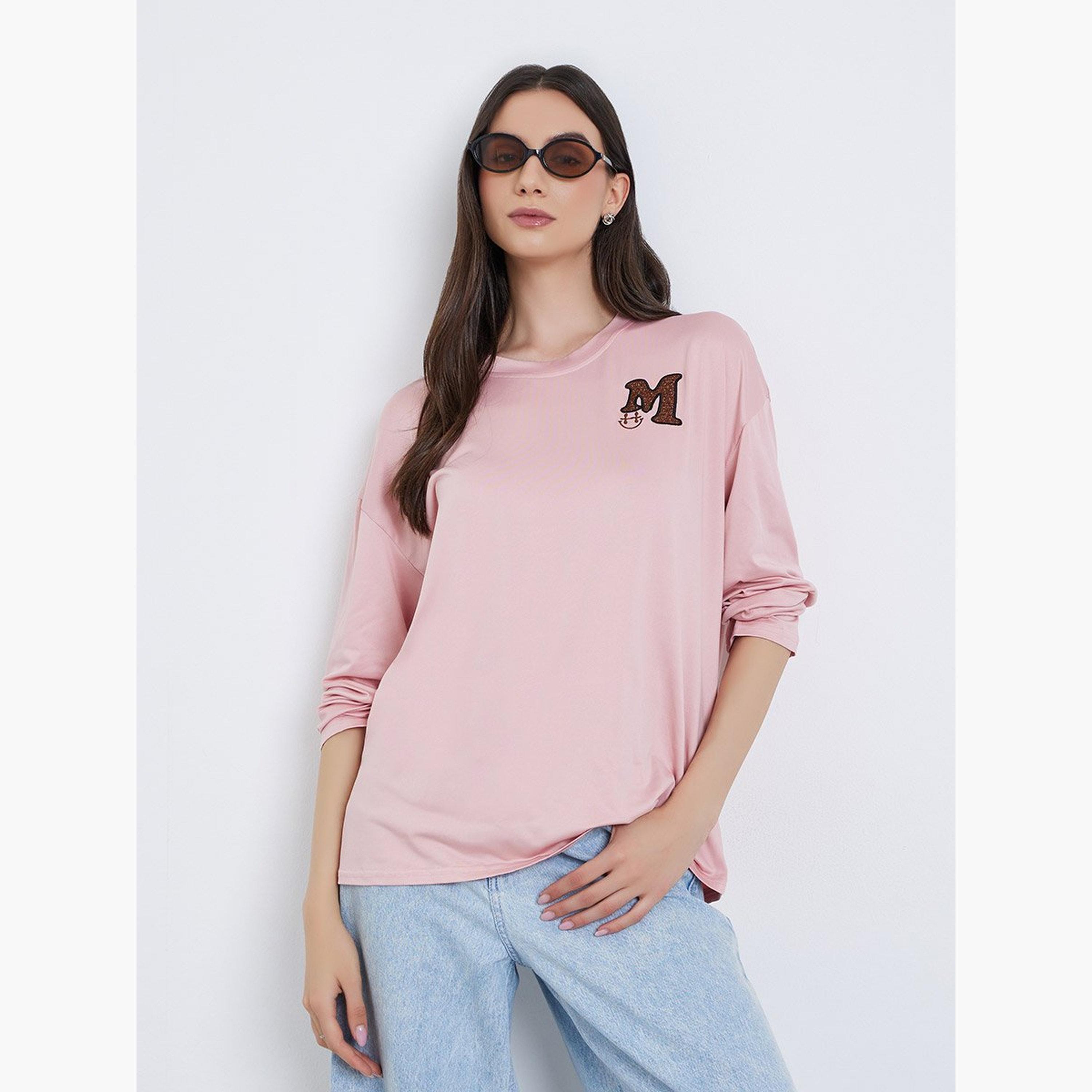 تيك تو - تي شيرت وردي مطرز بأكمام طويلة-women-clothing-tshirts-image-1