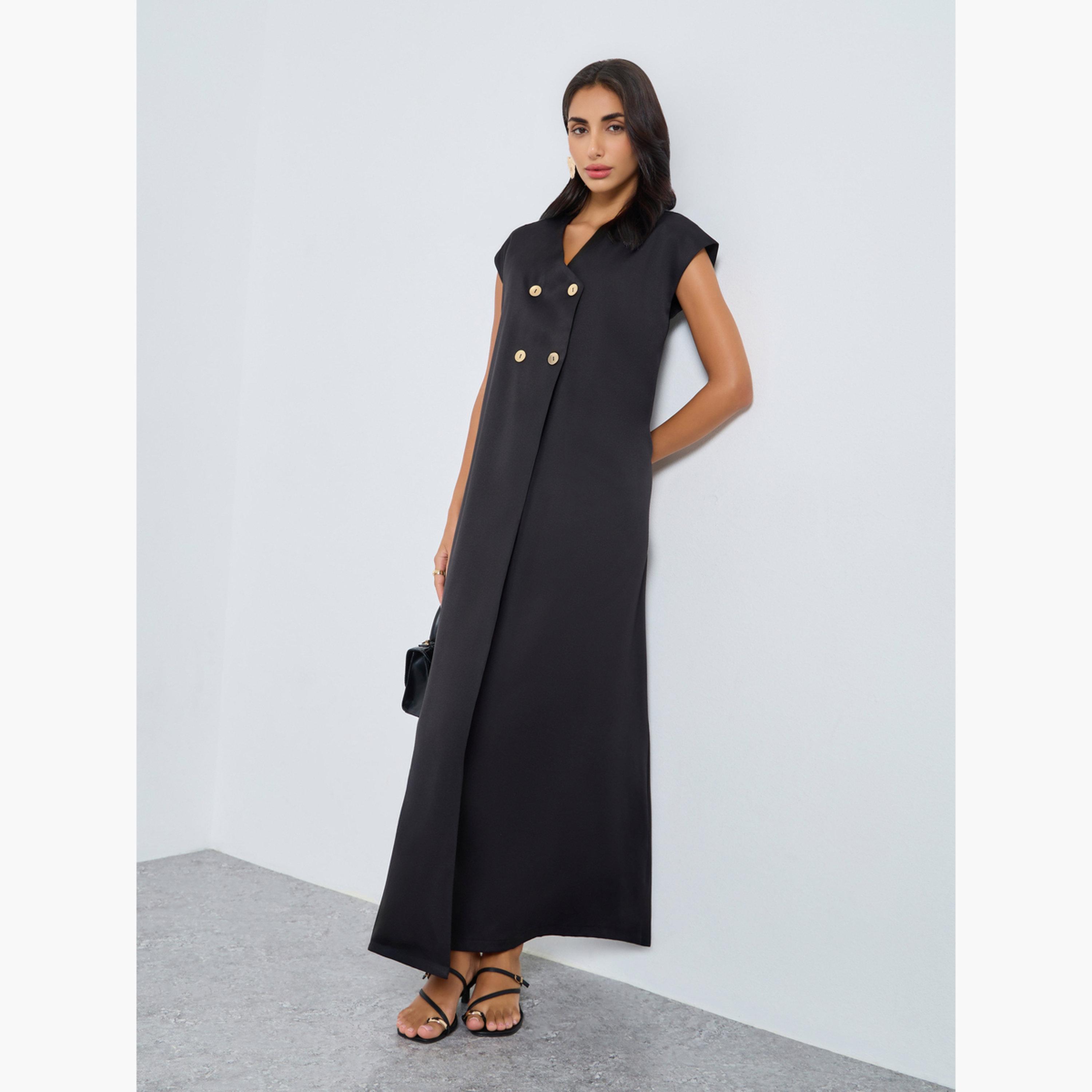 Styli Black Double Breasted Maxi Jalabiya Dress-women-arabicclothing-jalabiyas-image-1