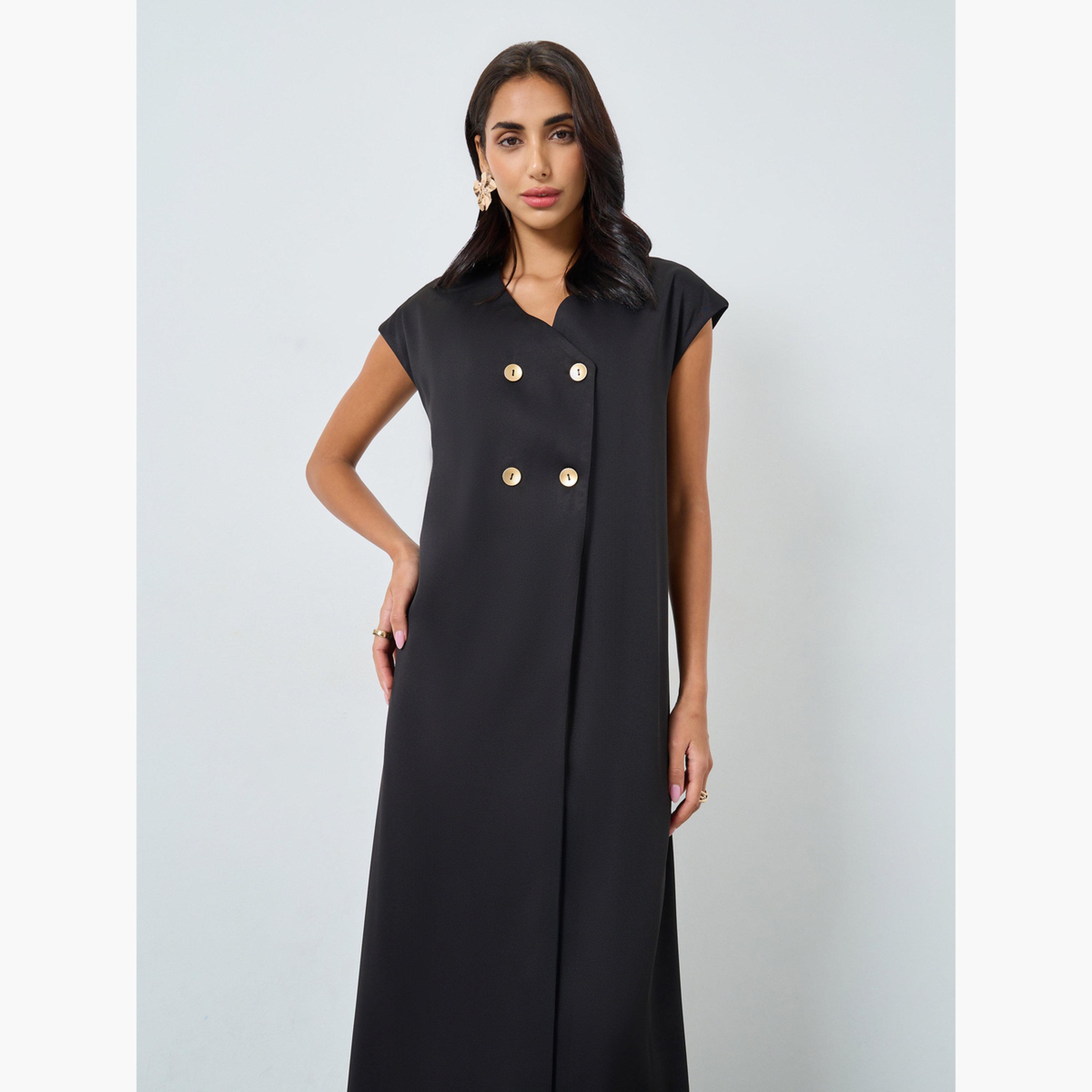 Styli Black Double Breasted Maxi Jalabiya Dress-women-arabicclothing-jalabiyas-image-2