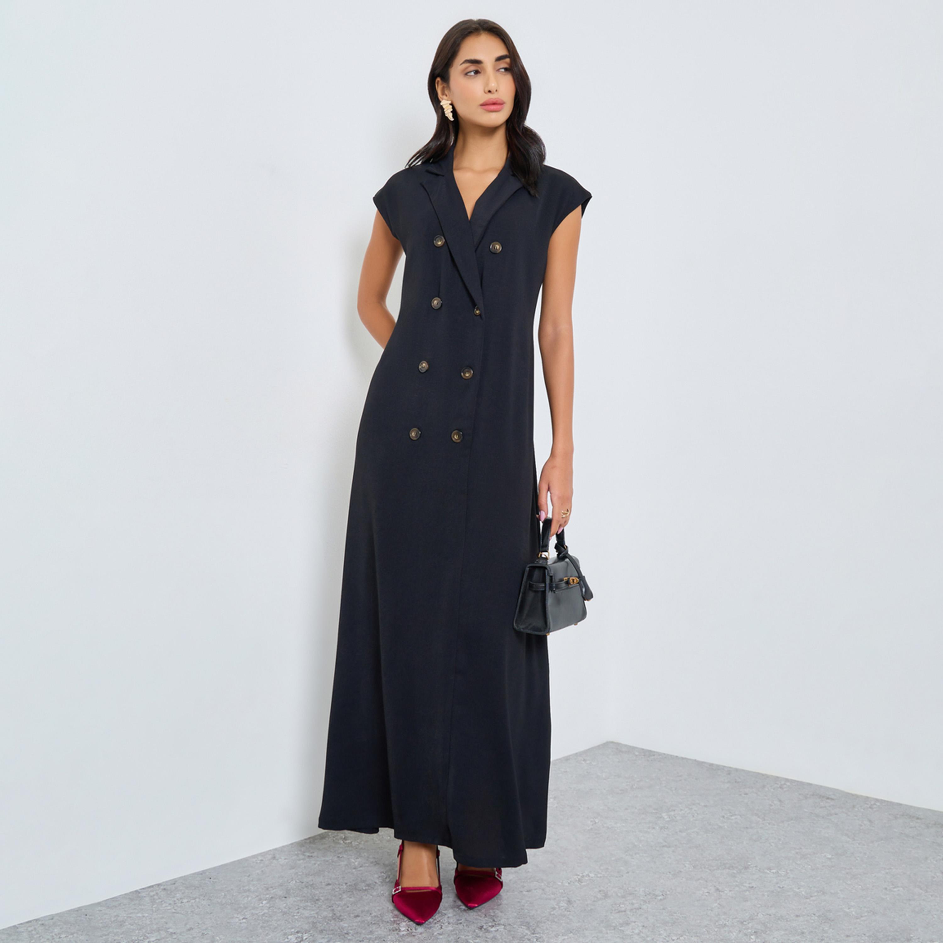 Amirah X Styli Black Double Breasted Under Abaya Jalabiya Dress-women-arabicclothing-jalabiyas-image-1