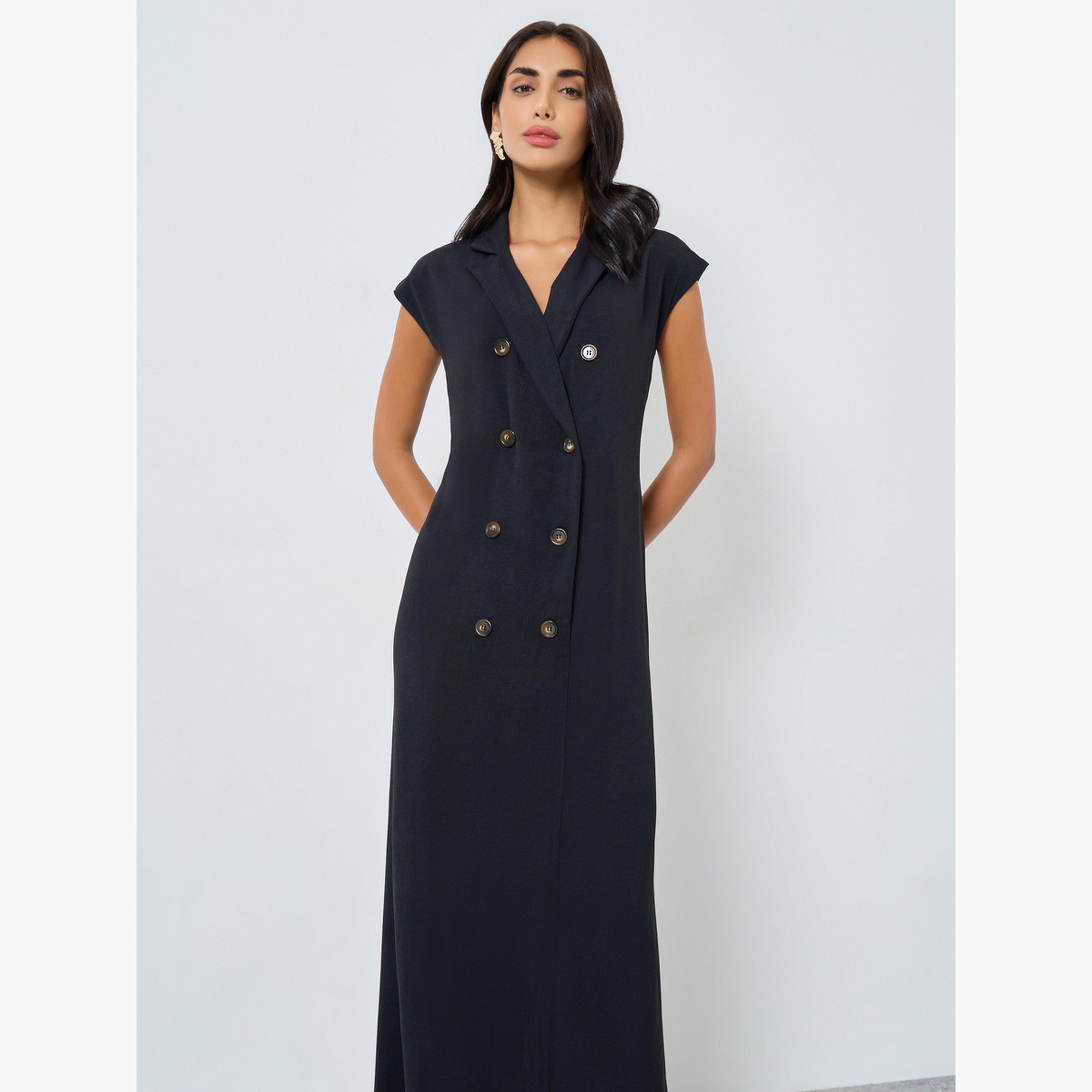 Amirah X Styli Black Double Breasted Under Abaya Jalabiya Dress-women-arabicclothing-jalabiyas-image-2