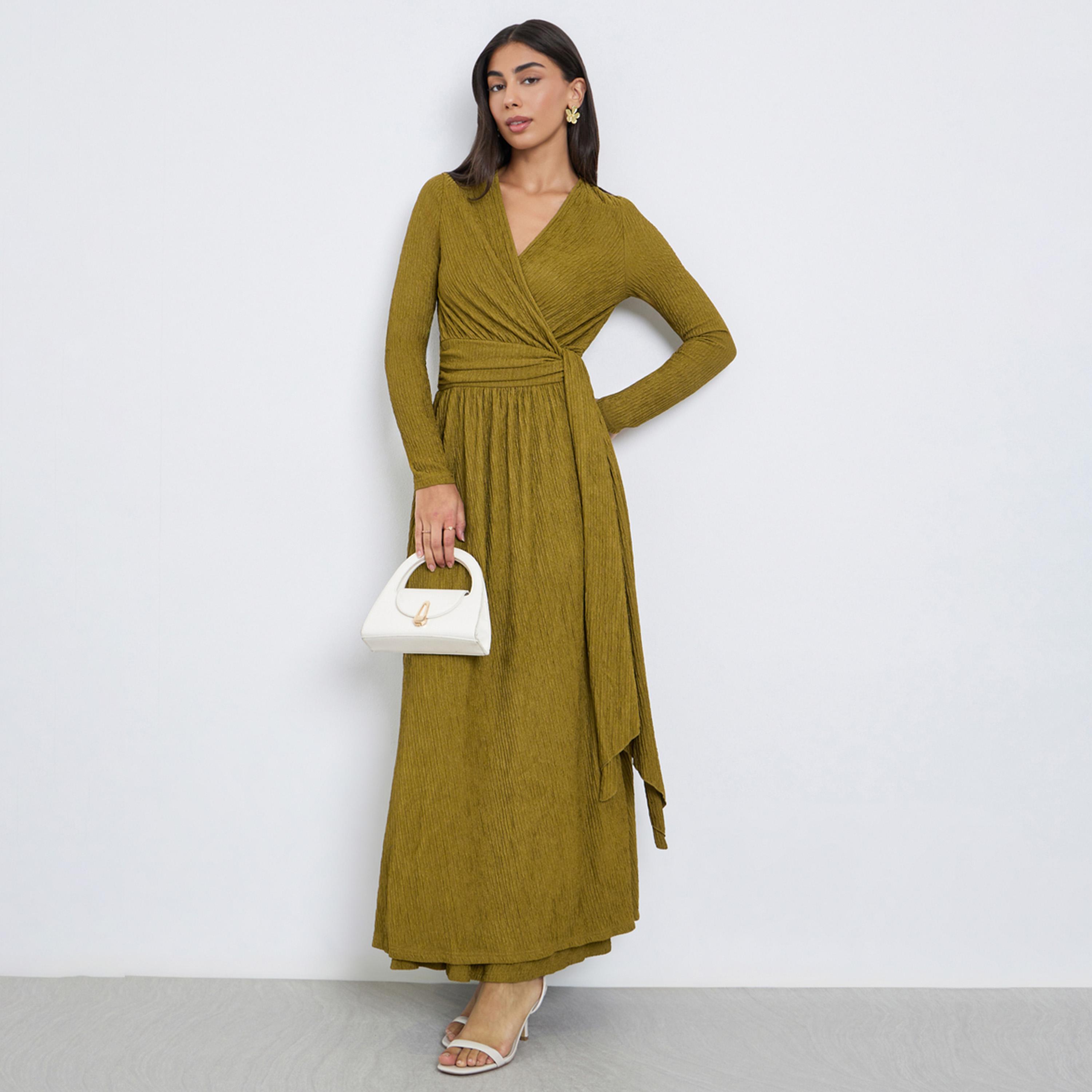 Styli Green Textured Wrap Maxi Dress-women-clothing-dresses-image-1