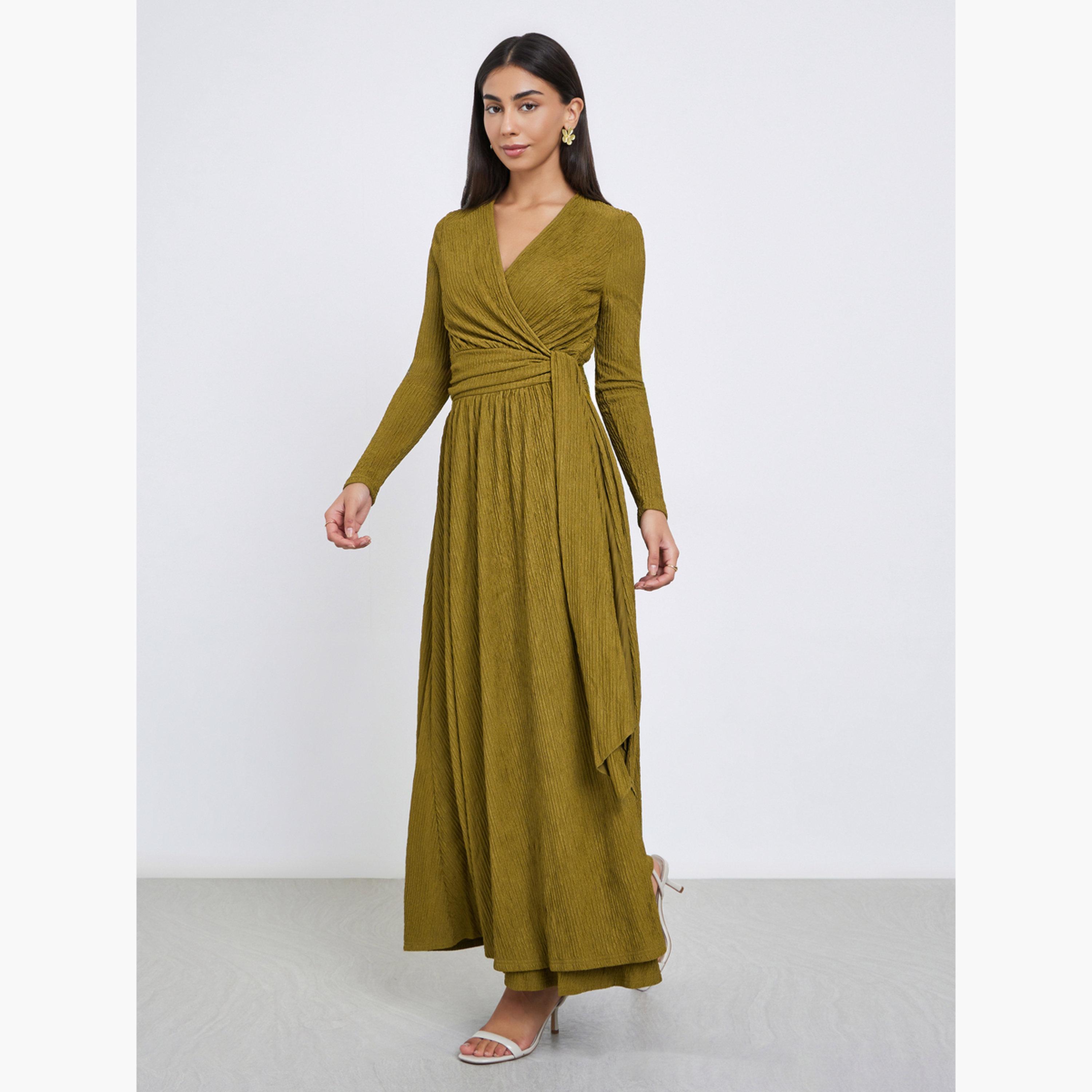 Styli Green Textured Wrap Maxi Dress-women-clothing-dresses-image-2