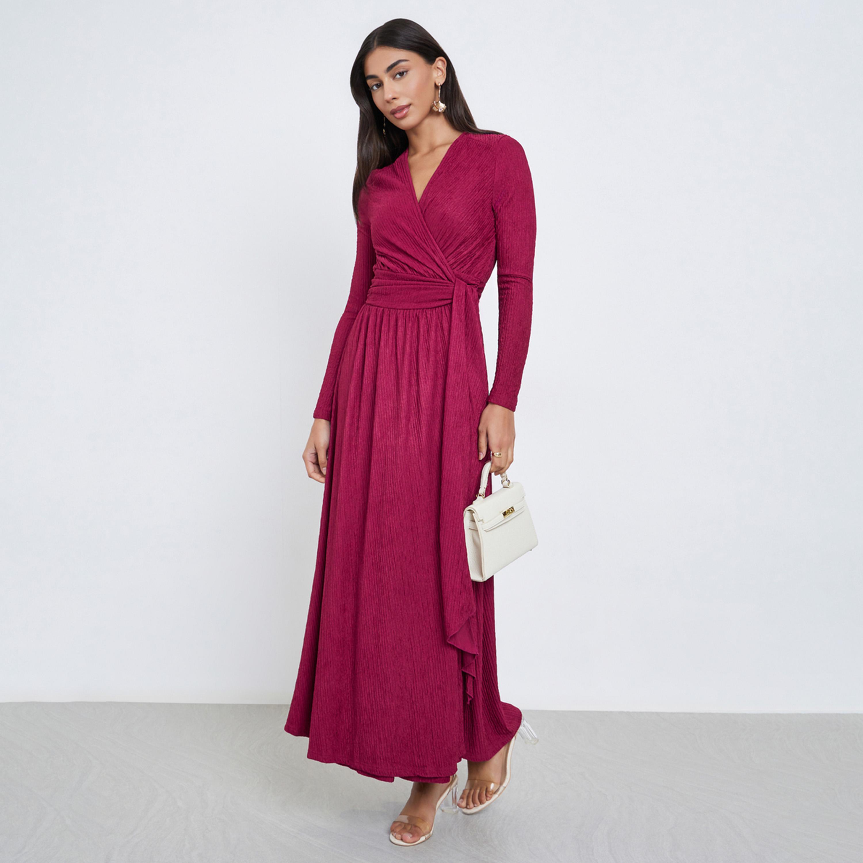 Styli Dark Pink Textured Wrap Maxi Dress-women-clothing-dresses-image-1
