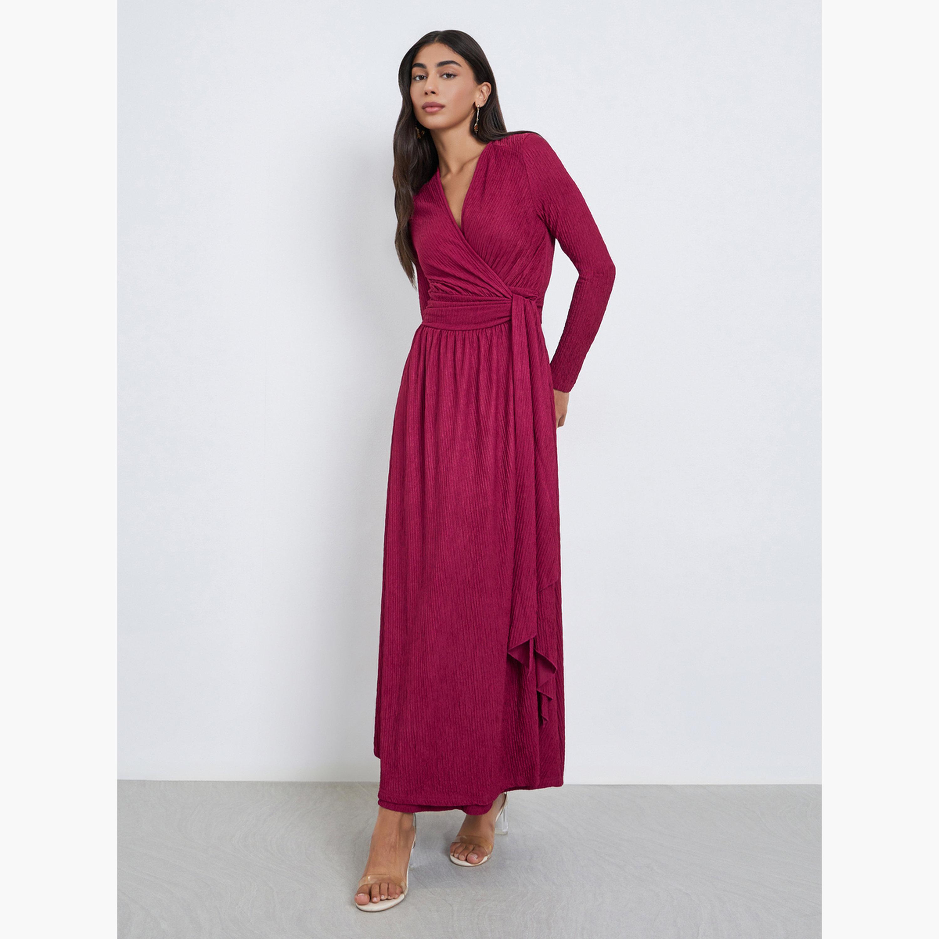 Styli Dark Pink Textured Wrap Maxi Dress-women-clothing-dresses-image-2