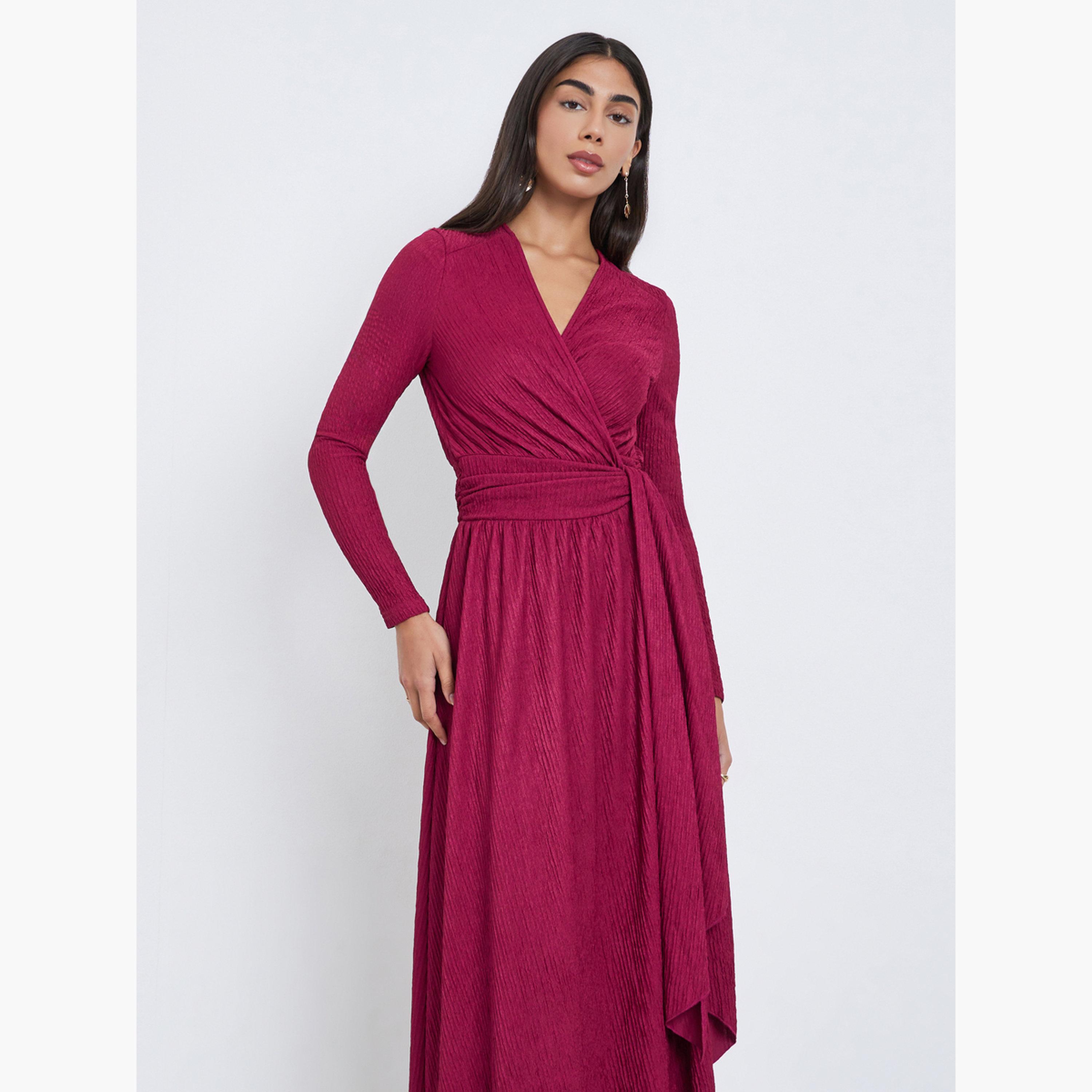 Styli Dark Pink Textured Wrap Maxi Dress-women-clothing-dresses-image-3