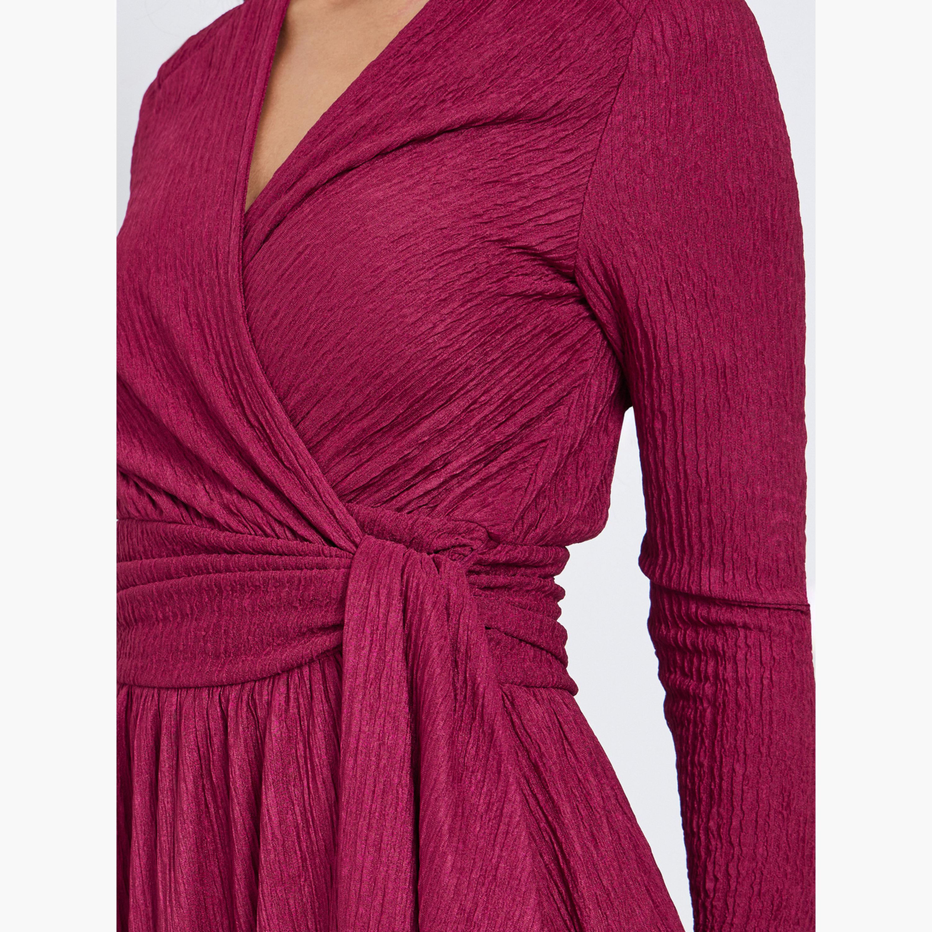 Styli Dark Pink Textured Wrap Maxi Dress-women-clothing-dresses-image-4