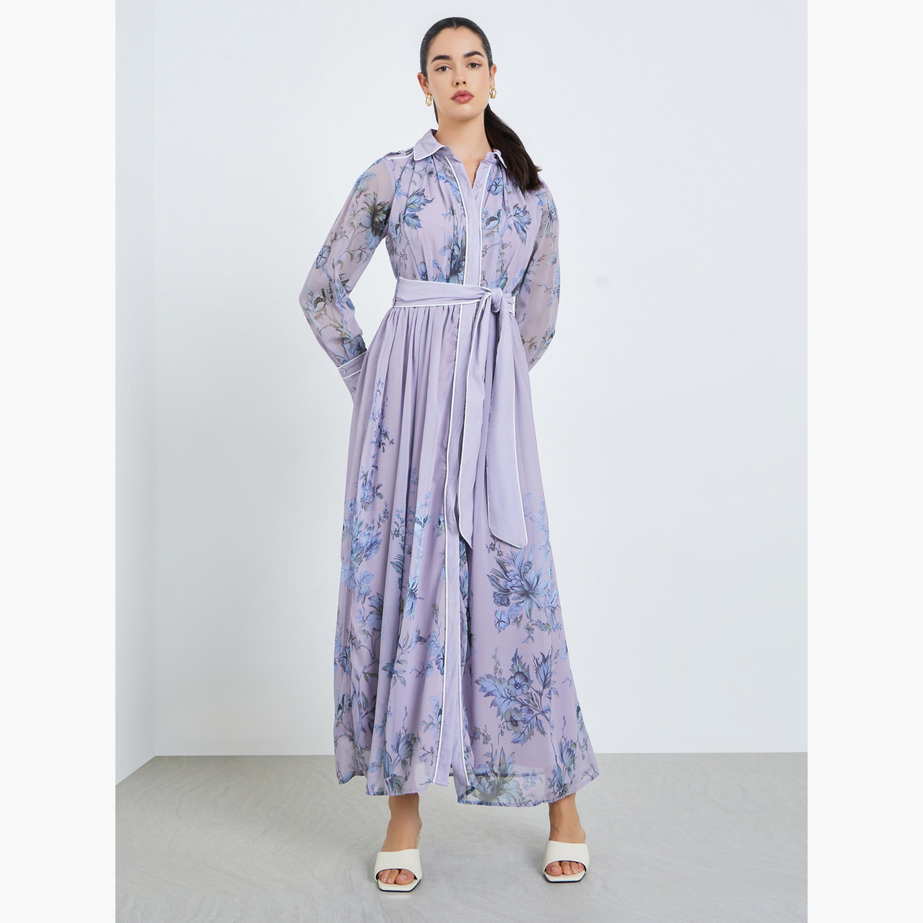 فستان طويل بأكمام طويلة وطبعة أزهار للنساء-women-clothing-dresses-image-1