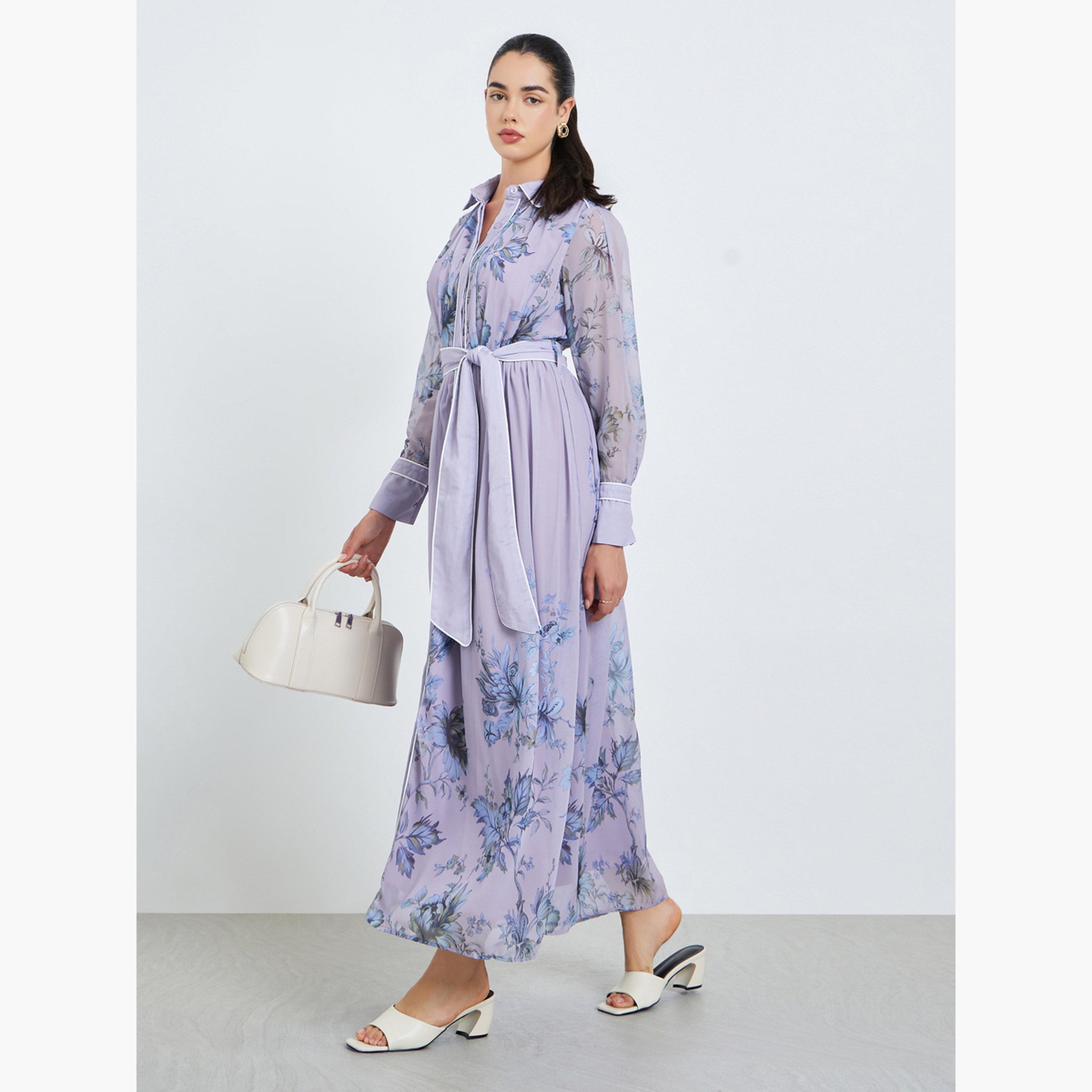 Styli Women Lilac Floral Print Long Sleeves Maxi Dress-women-clothing-dresses-image-3