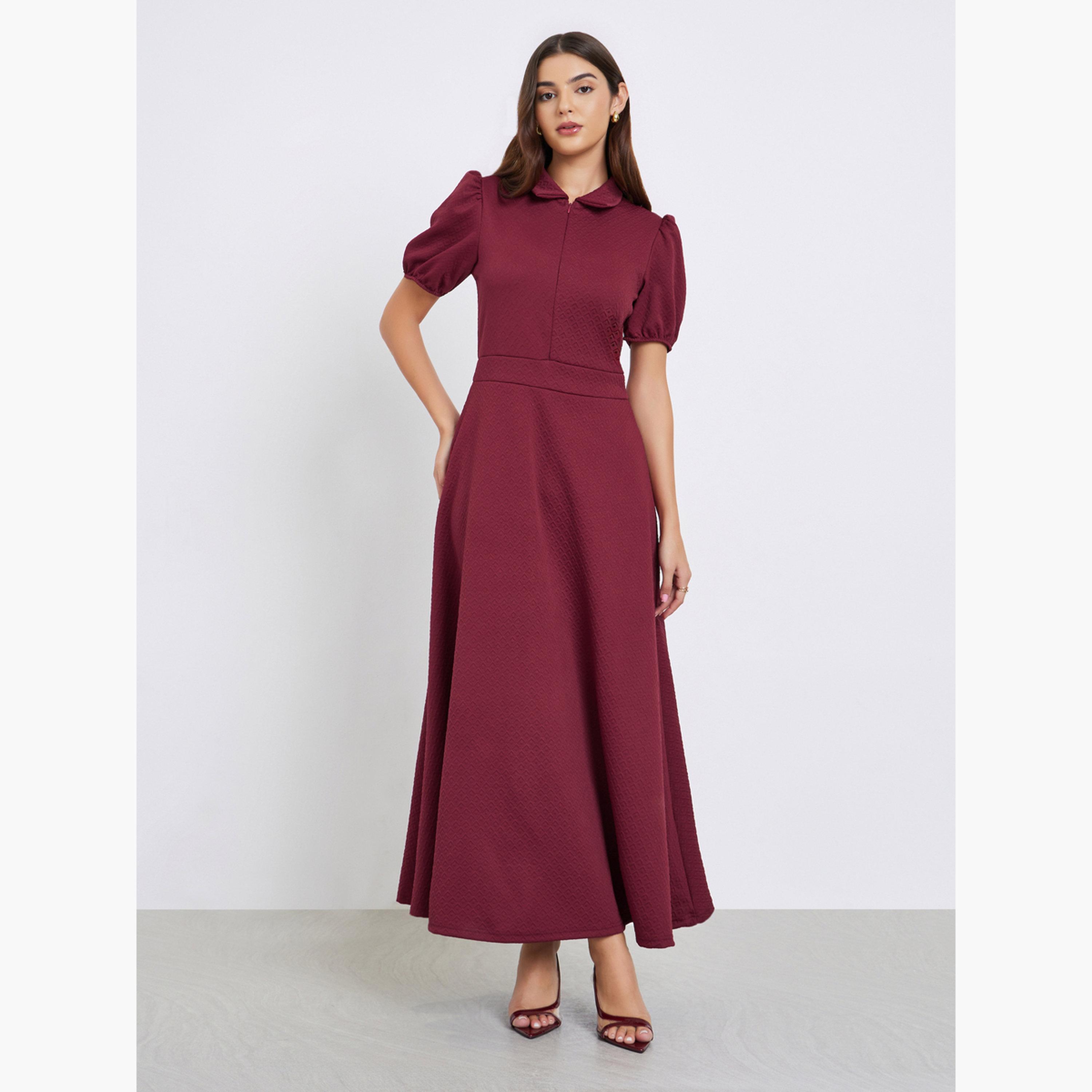 Shop Styli Women Burgundy Textured Maxi Dress with Puff Sleeves Online |  Centrepoint Saudi