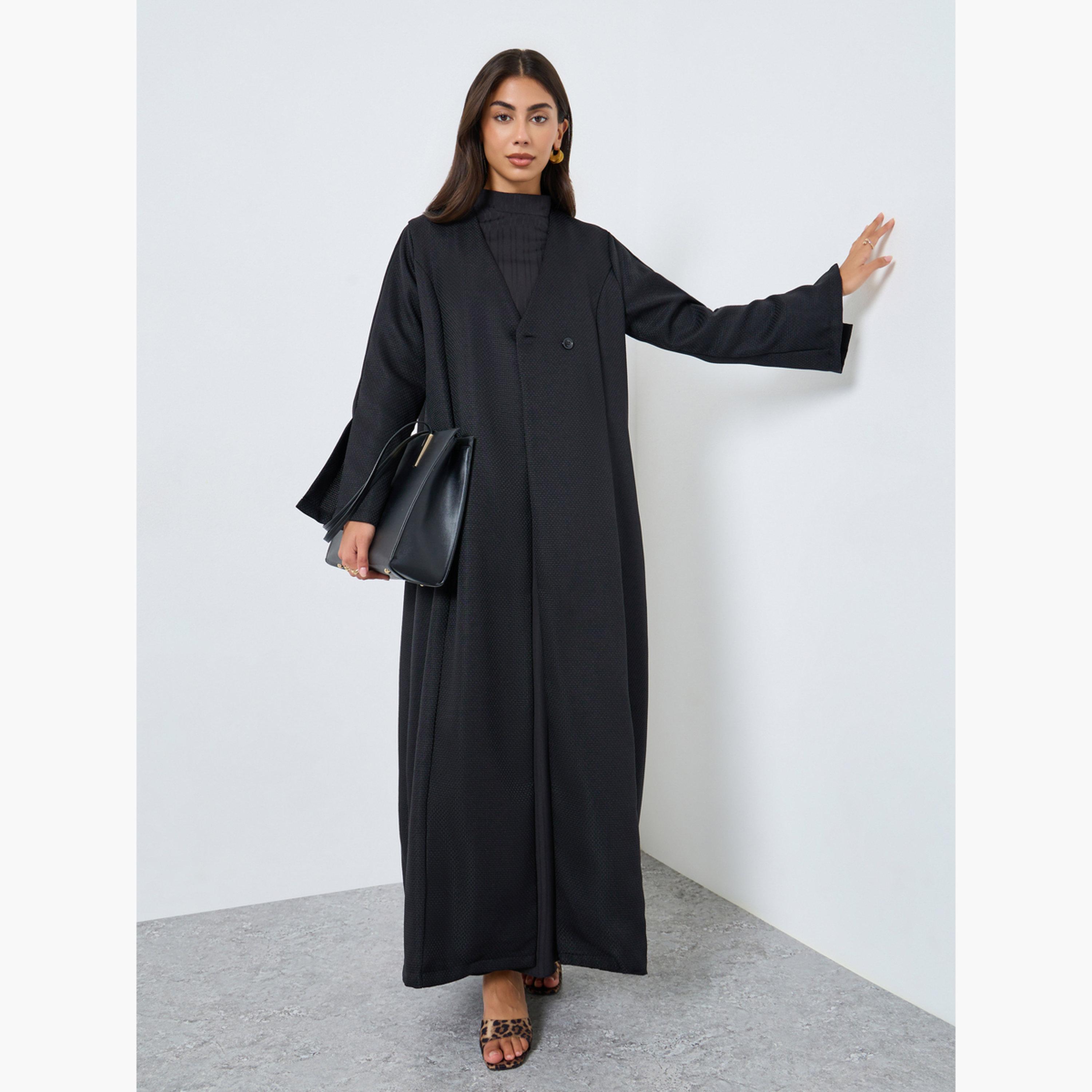 أميرة x ستايلي عباية بمظهر تويد مع زر غلق واحد-women-arabicclothing-abayas-image-1
