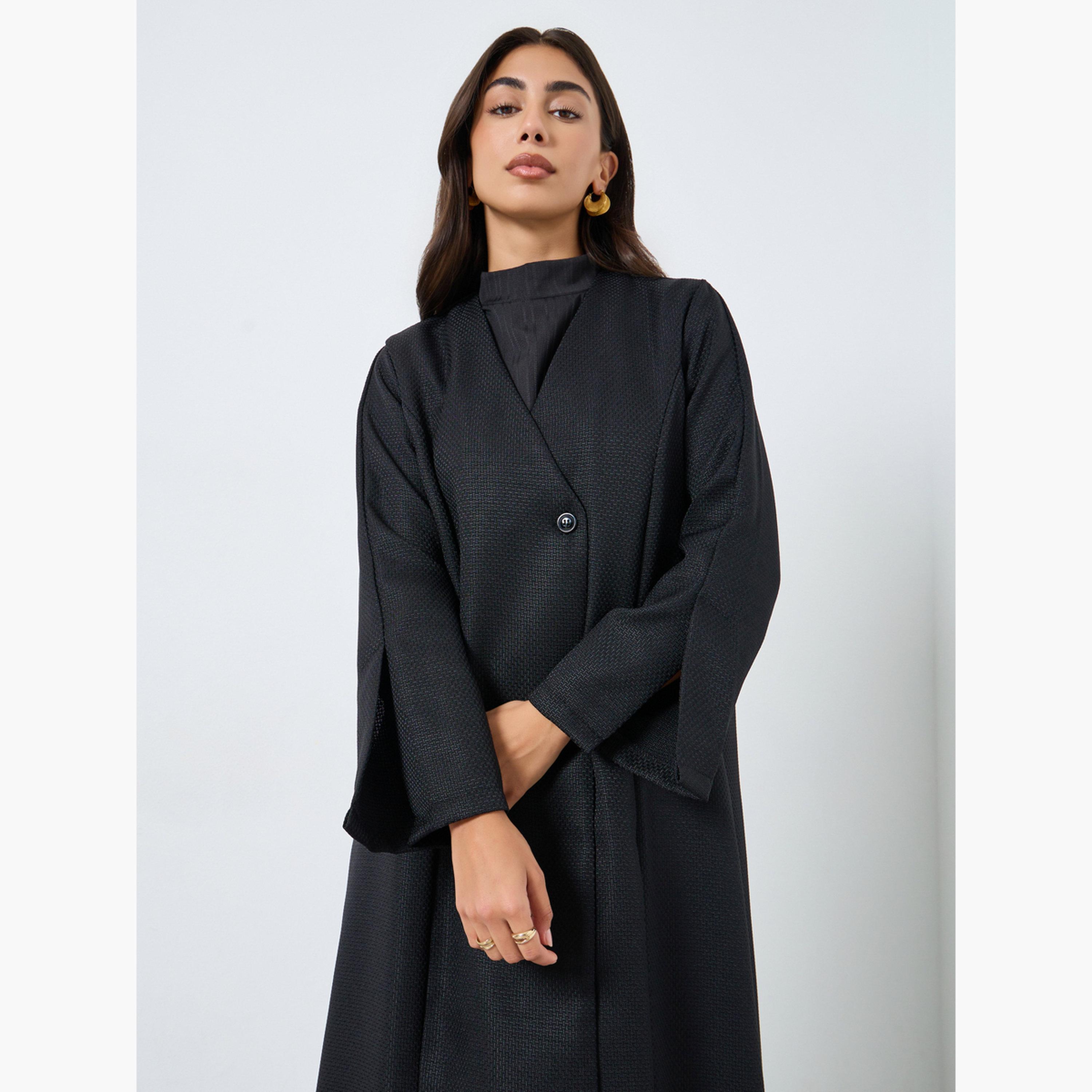 أميرة x ستايلي عباية بمظهر تويد مع زر غلق واحد-women-arabicclothing-abayas-image-3