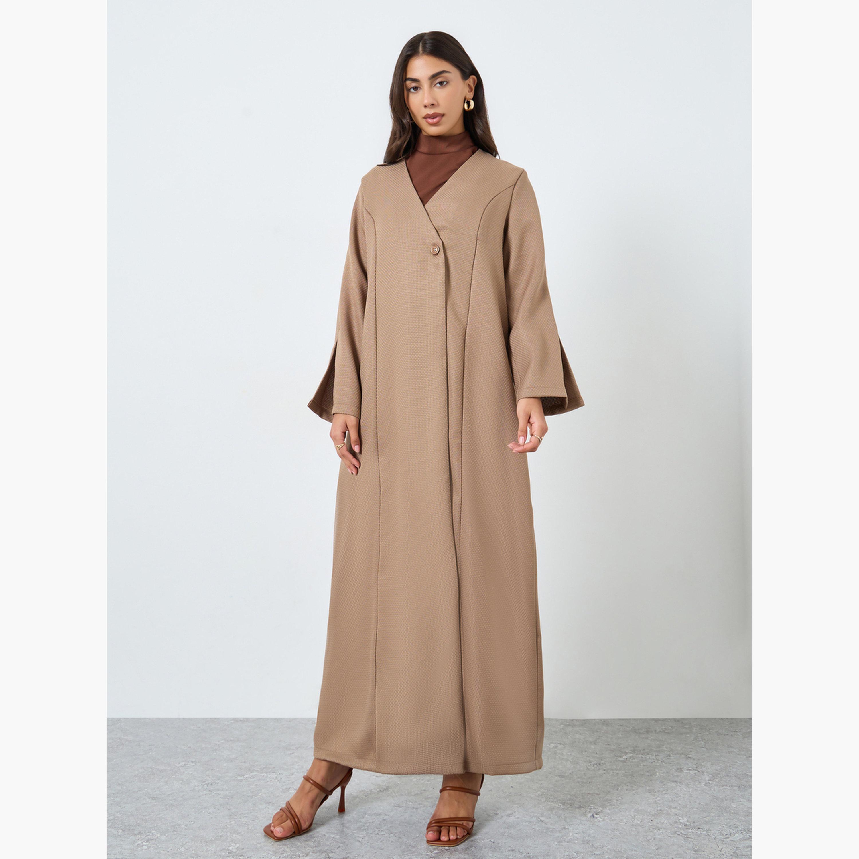أميرة x ستايلي عباية بمظهر تويد مع زر واحد-women-arabicclothing-abayas-image-2