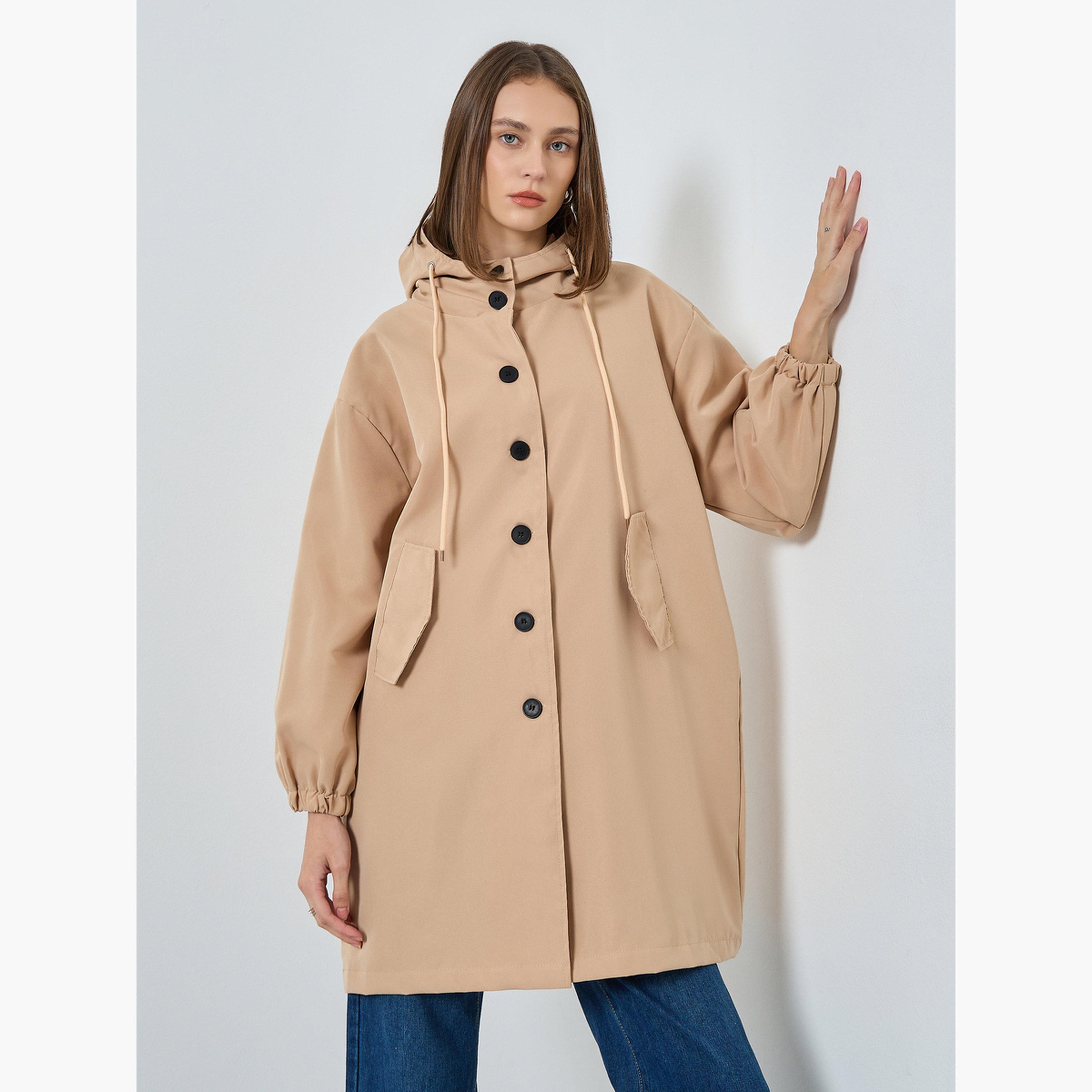 ستايلي - سترة نسائية عملية بأكمام طويلة وياقة بغطاء للرأس سادة-women-winterwear-coatsandjackets-coats-image-1