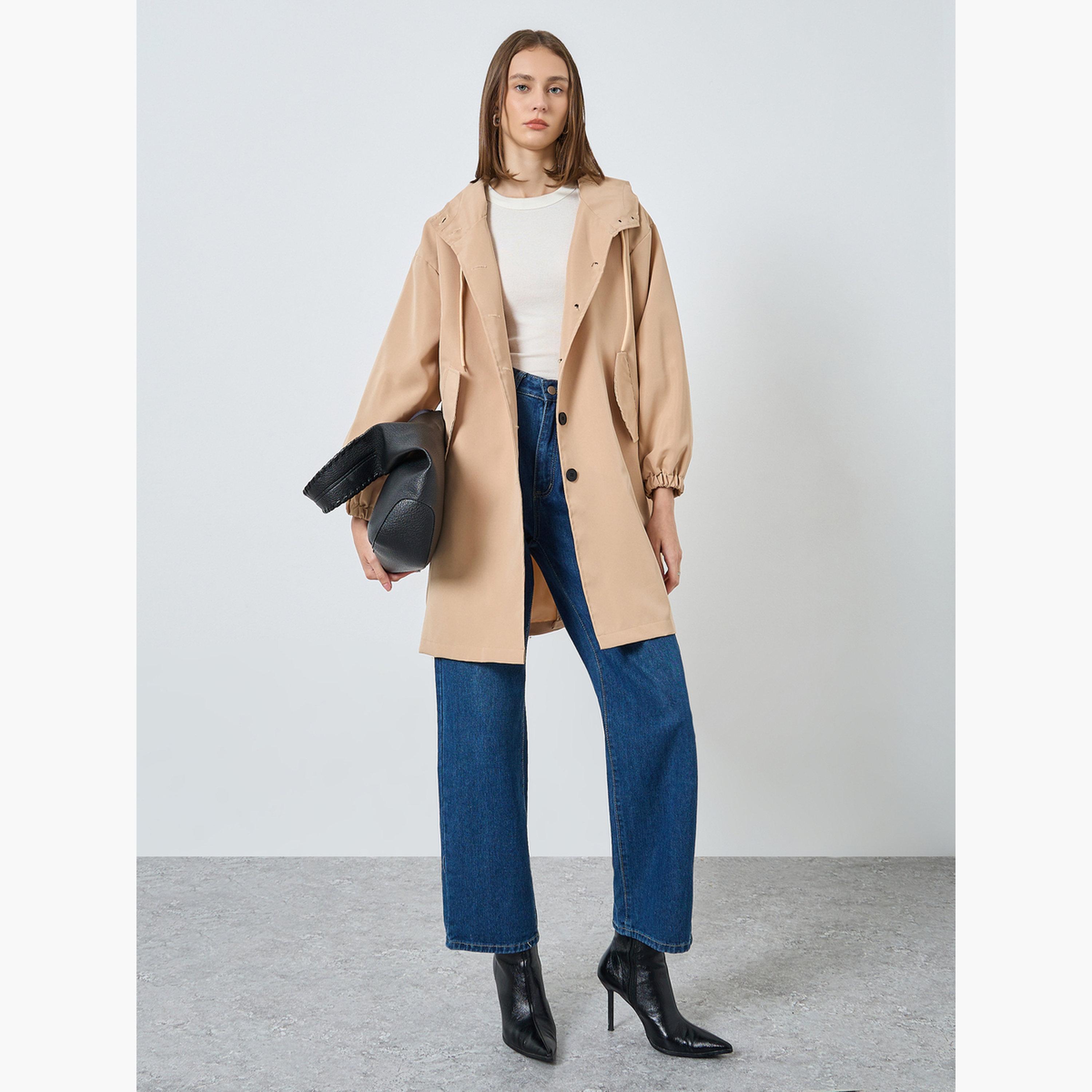 ستايلي - سترة نسائية عملية بأكمام طويلة وياقة بغطاء للرأس سادة-women-winterwear-coatsandjackets-coats-image-2