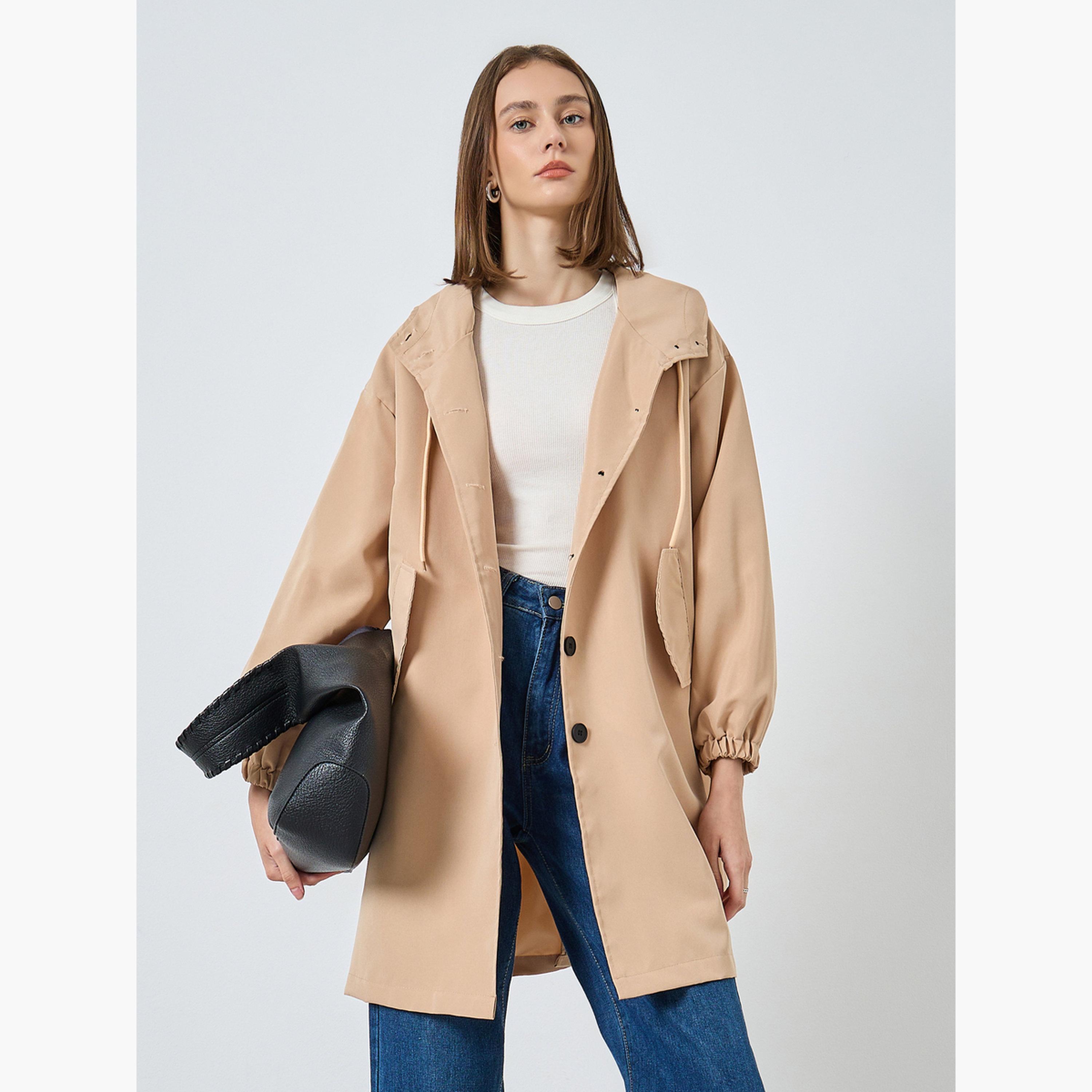 ستايلي - سترة نسائية عملية بأكمام طويلة وياقة بغطاء للرأس سادة-women-winterwear-coatsandjackets-coats-image-3