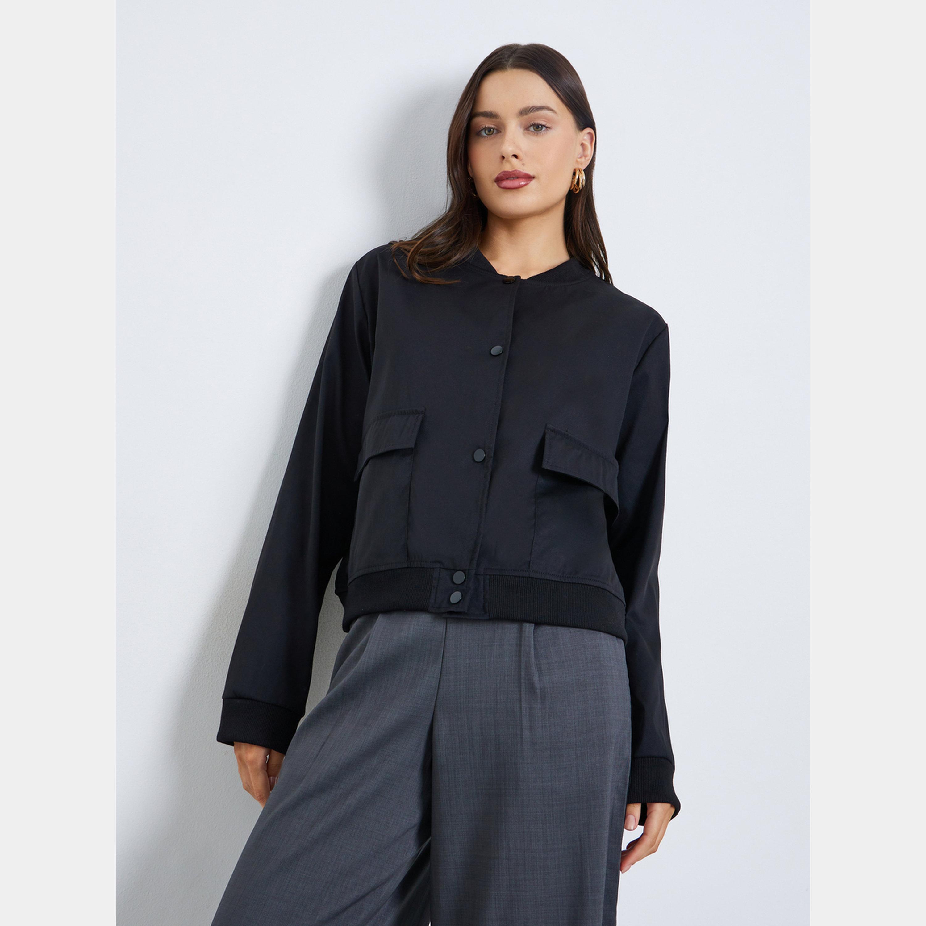 Styli Regular Fit Regular Length Plain Bomber Jacket-women-winterwear-coatsandjackets-jackets-image-3