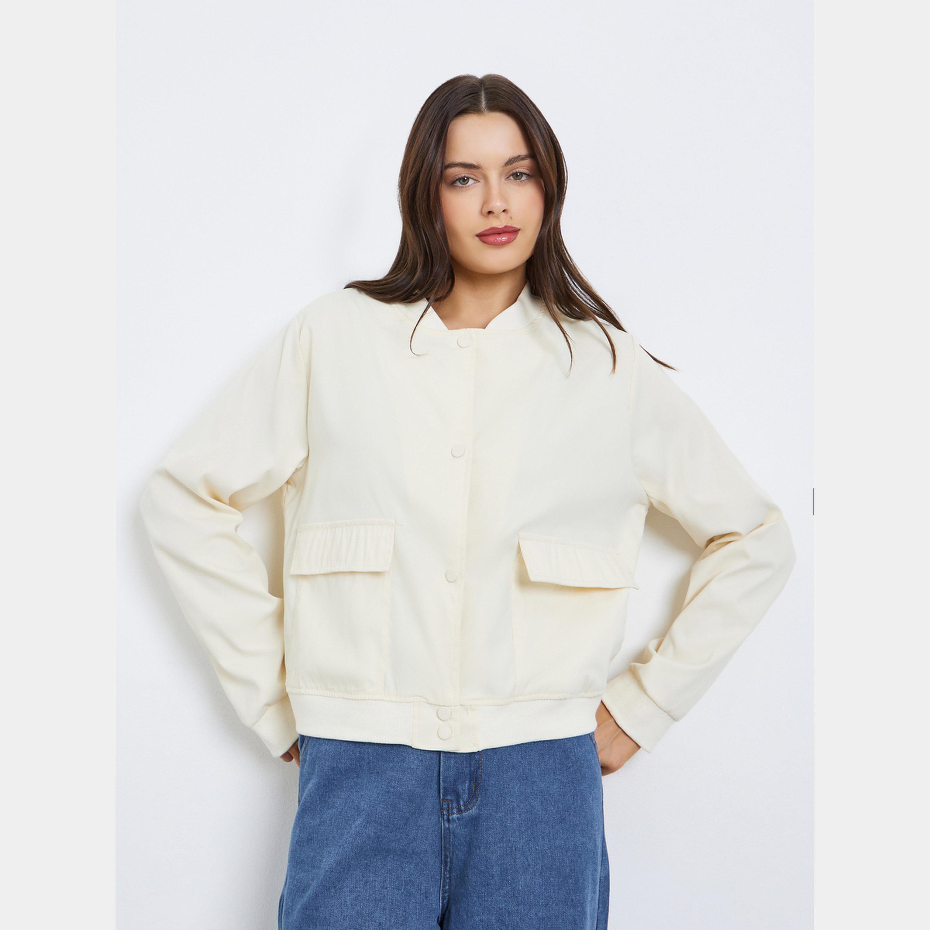 ستايلي - جاكيت بومبر نسائي سادة بأكمام طويلة ورقبة دائرية وأزرار كبس-women-winterwear-coatsandjackets-jackets-image-1