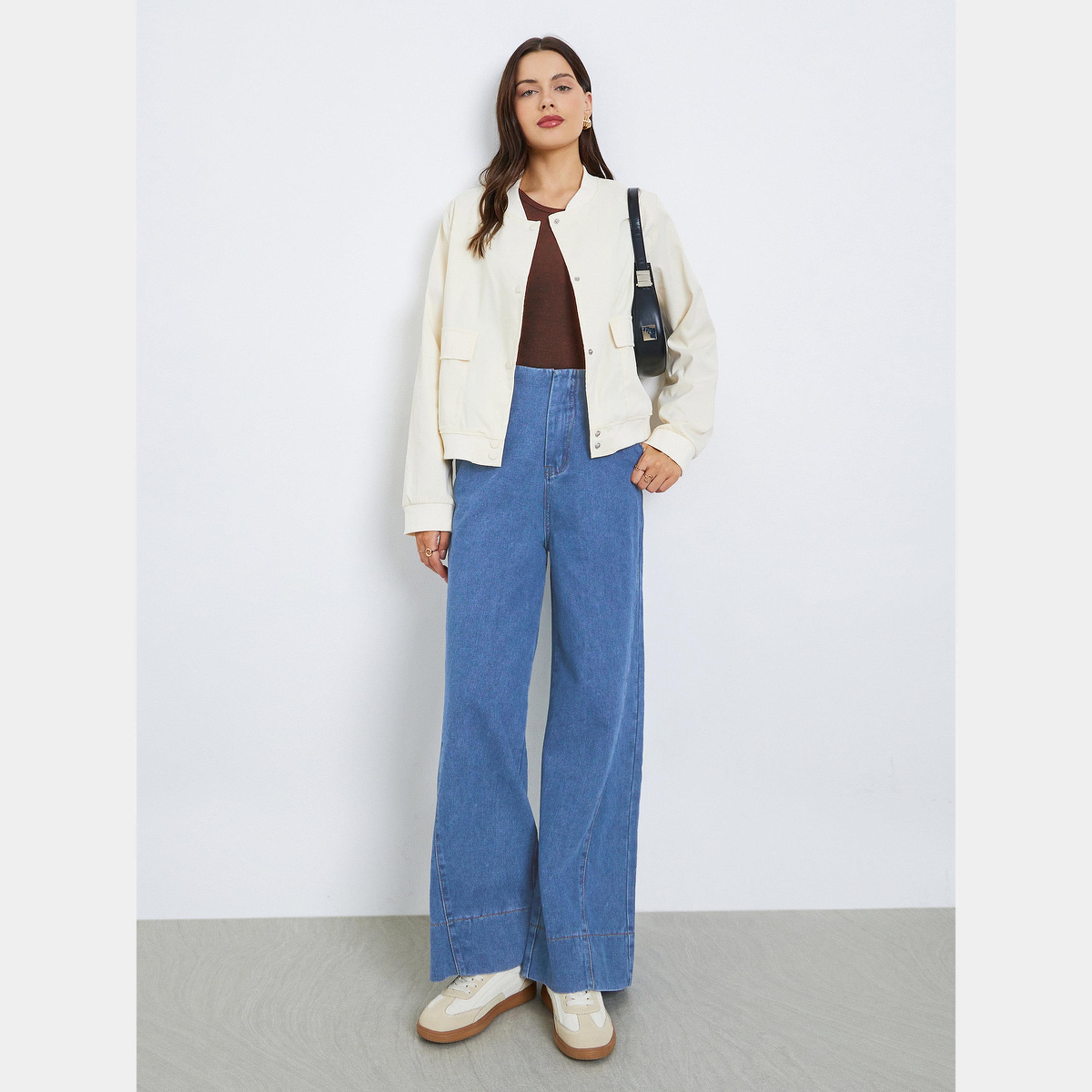Styli Regular Fit Regular Length Plain Bomber Jacket-women-winterwear-coatsandjackets-jackets-image-2