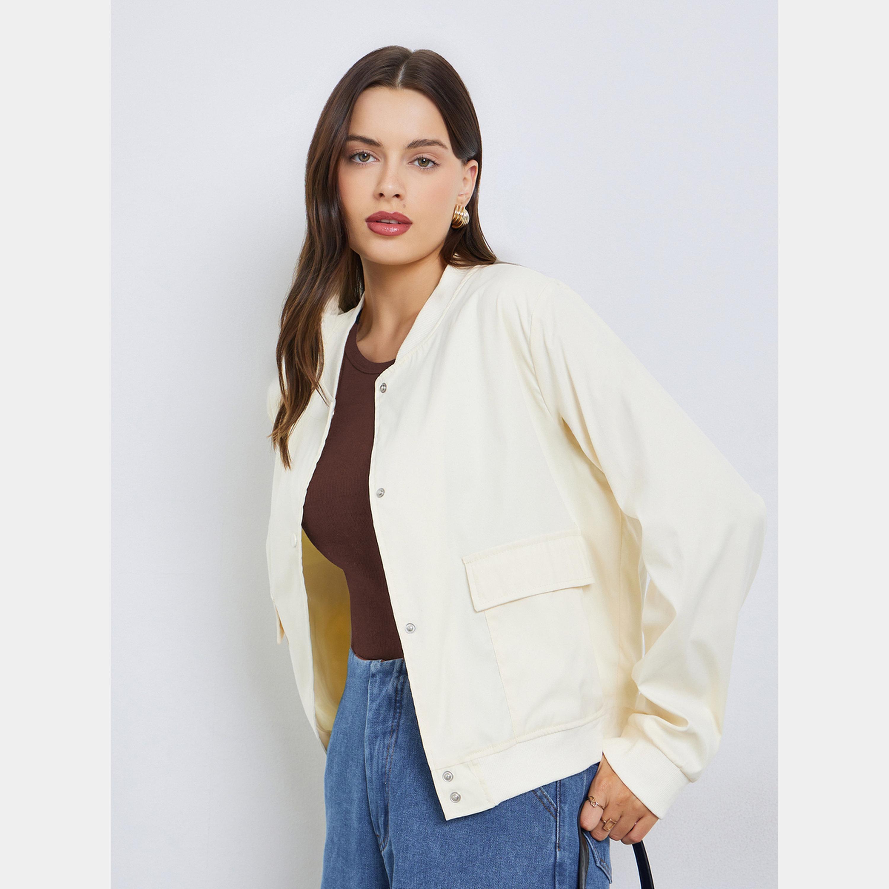 Styli Regular Fit Regular Length Plain Bomber Jacket-women-winterwear-coatsandjackets-jackets-image-3