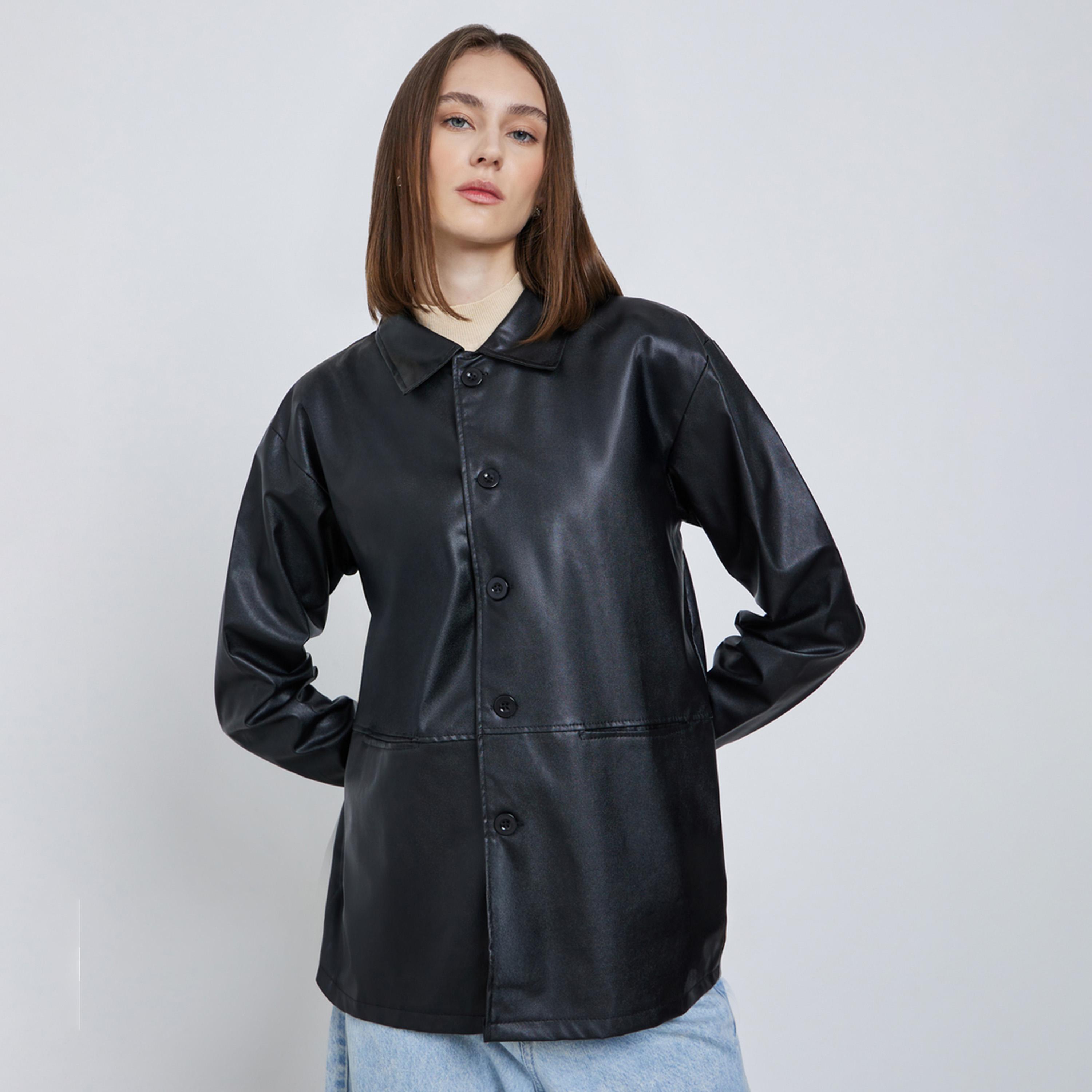 Styli Women Black Oversized Longline PU Shacket-women-winterwear-coatsandjackets-jackets-image-1