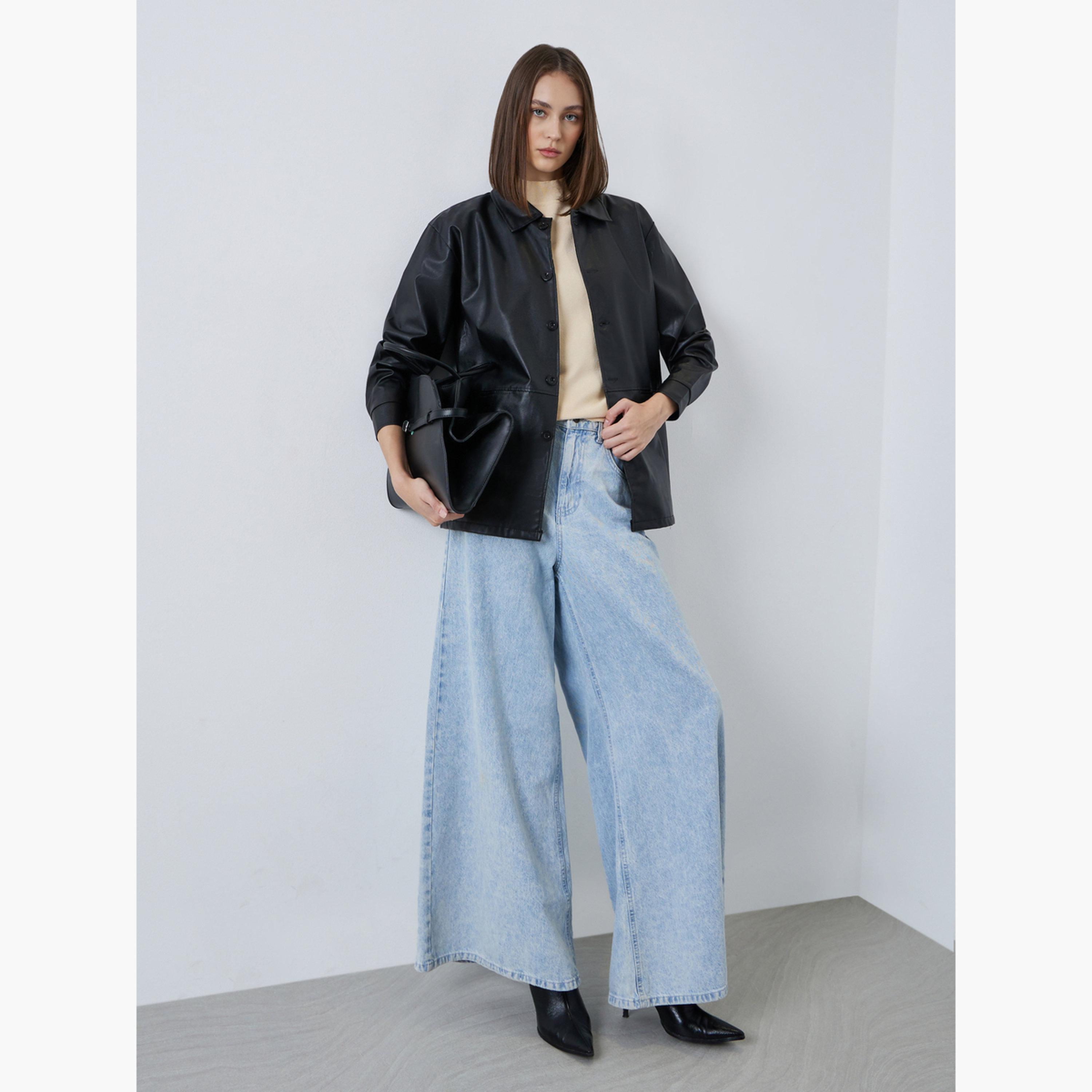 Styli Women Black Oversized Longline PU Shacket-women-winterwear-coatsandjackets-jackets-image-2