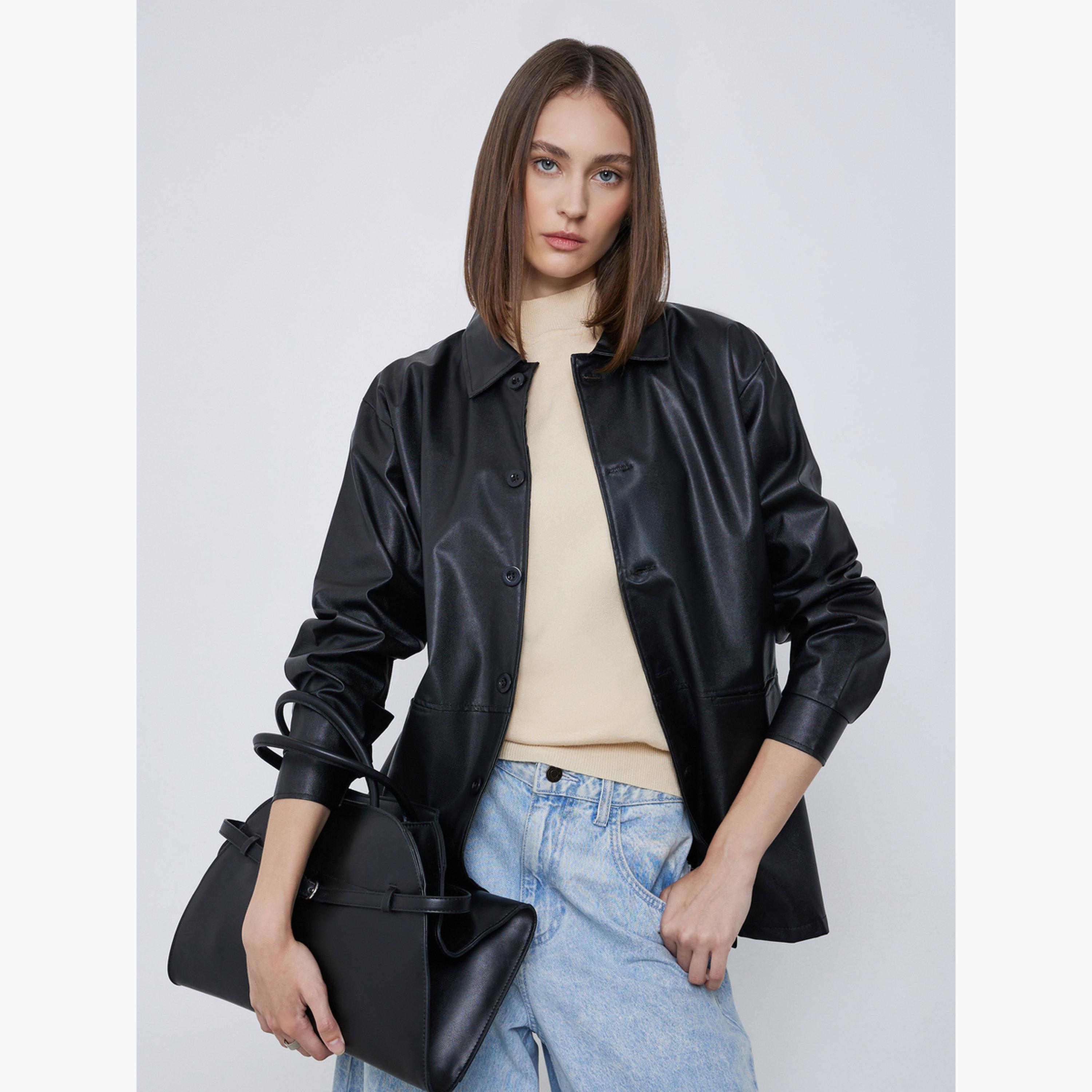 Styli Women Black Oversized Longline PU Shacket-women-winterwear-coatsandjackets-jackets-image-3