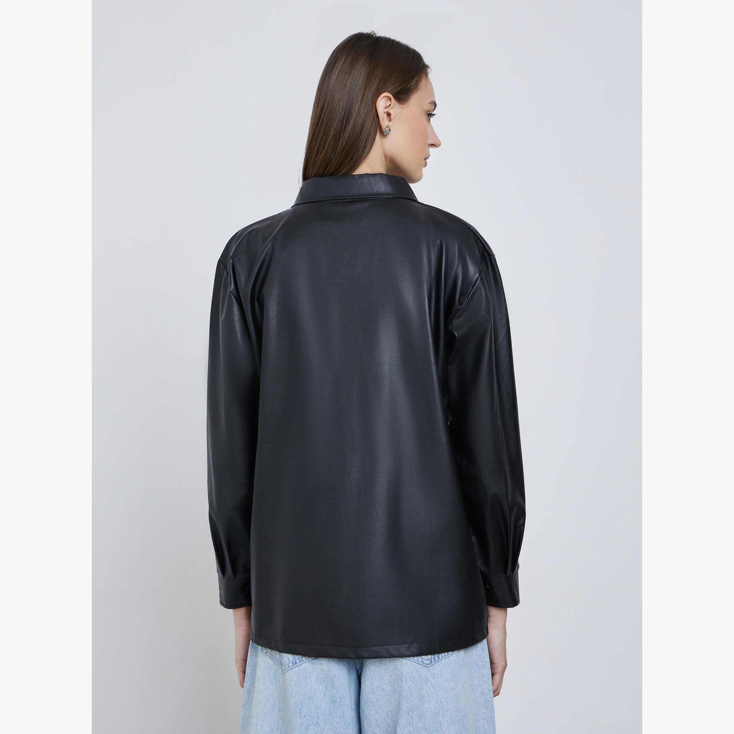 Styli Women Black Oversized Longline PU Shacket-women-winterwear-coatsandjackets-jackets-image-4